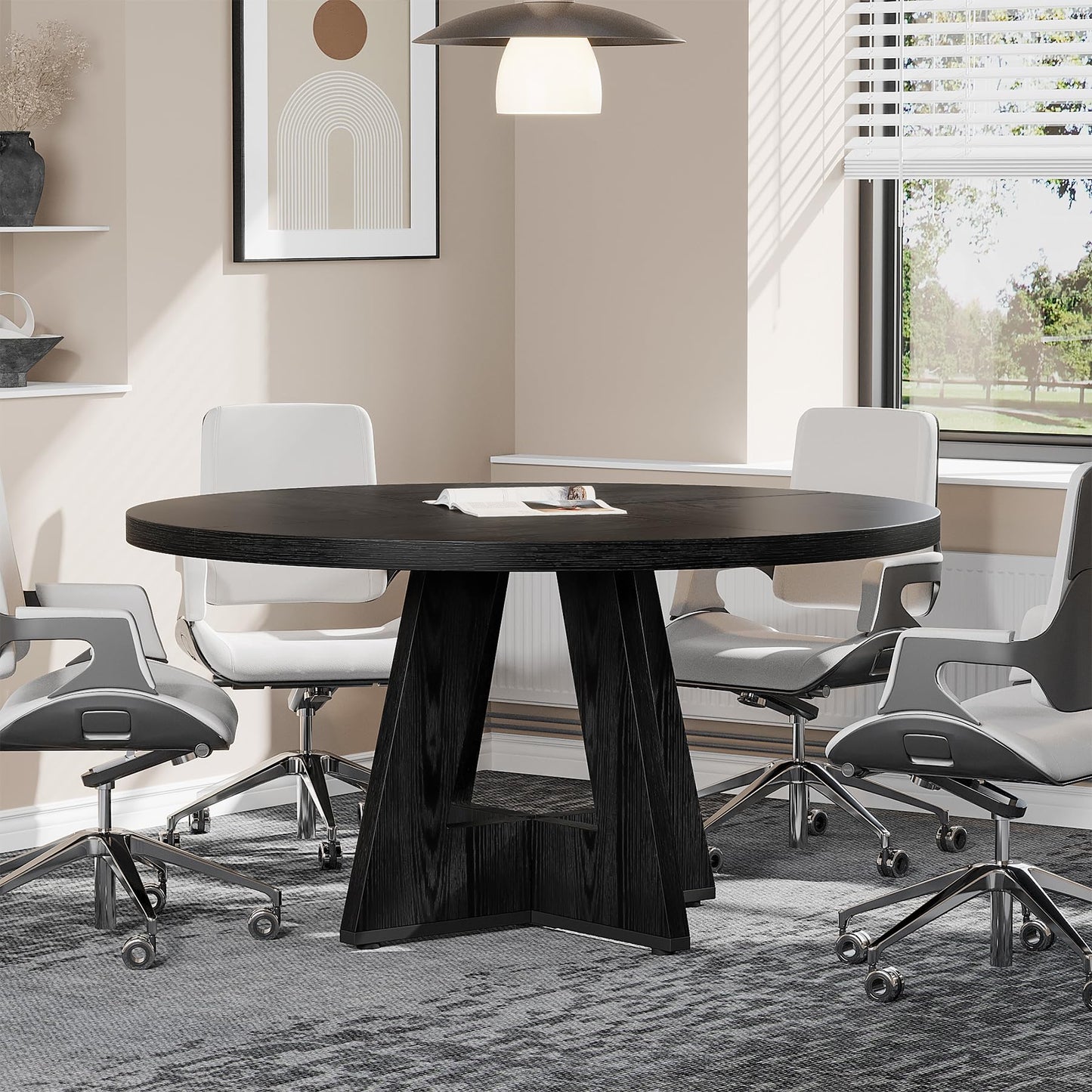 Tribesigns 47-Inch Round Conference Table for 4-6 People, Wooden Meeting Room Table with Thicken Tabletop and Wood Base (Grey)
