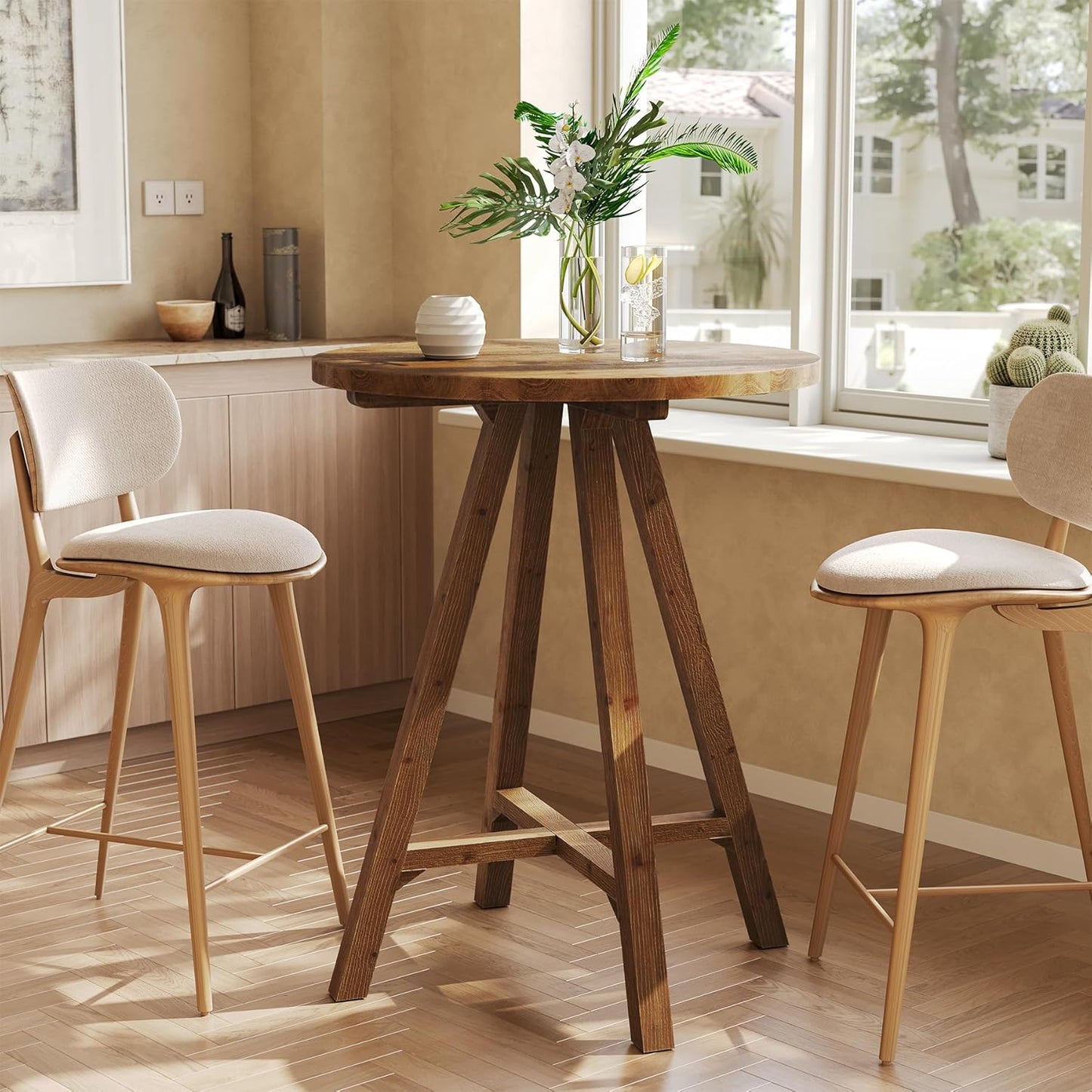 Solid Wood Bar Table, 31.5" Round Pub Bistro Table for Cafe, Dining Room, Kitchen, Living Room, Brown