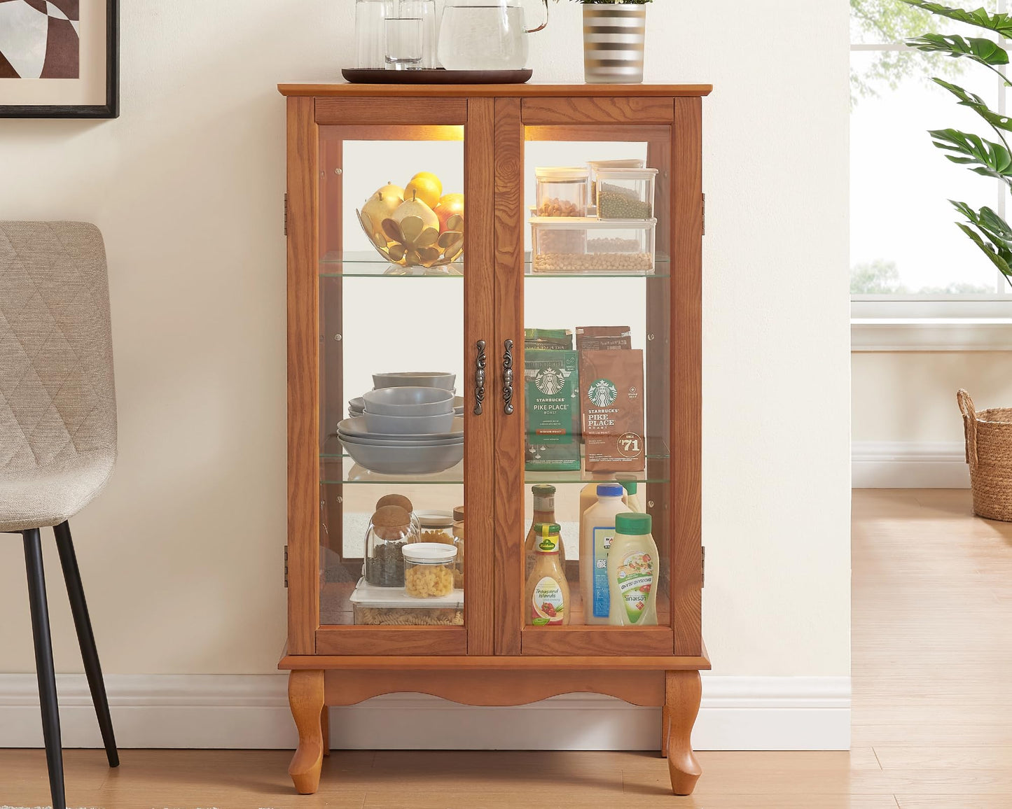 LKTART Curio Glass Display Cabinet,Storage Cabinet with Lights and Mirrored Back Panel,China Cabinet with Tempered Glass Doors and Shelves,Collectible Display Shelf,Included Bulb White