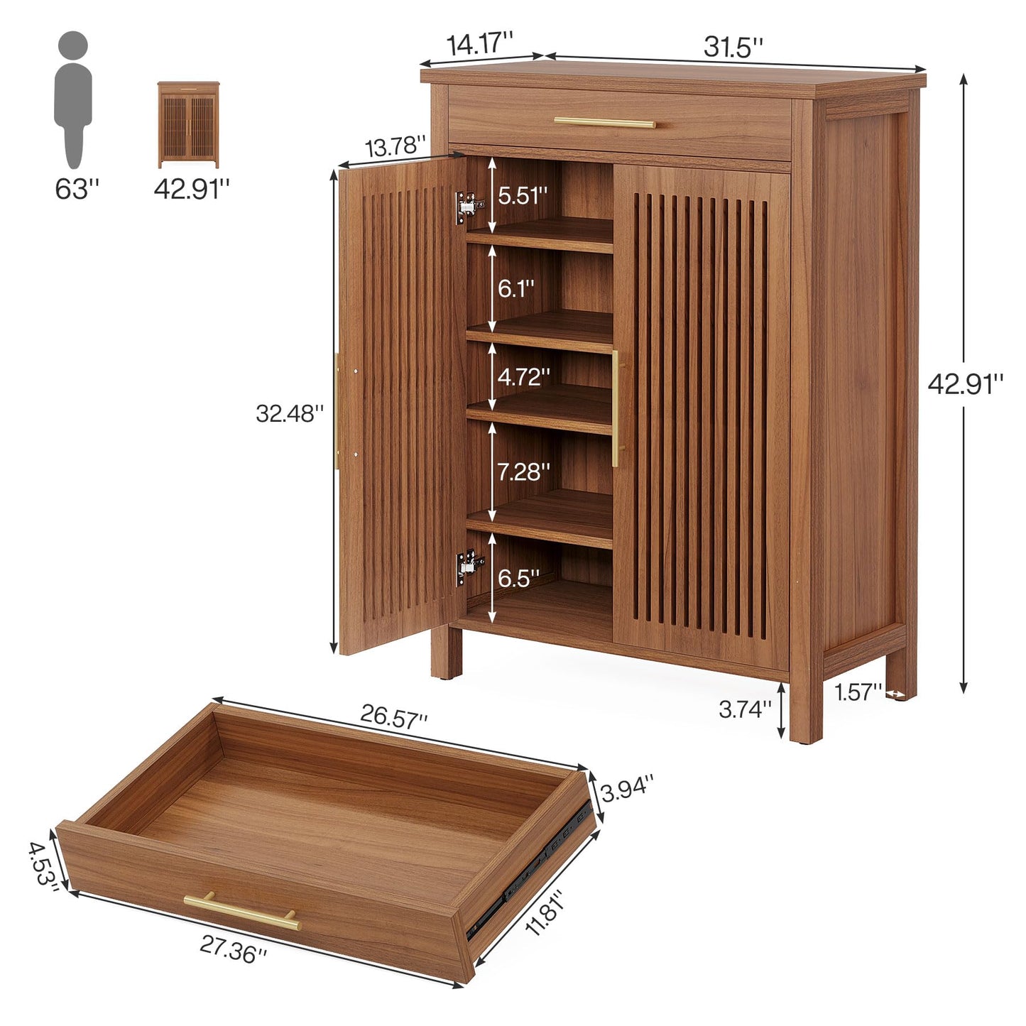 Tribesigns Shoe Cabinet, 5-Tier Shoe Storage Cabinet with Louvered Doors and Drawer, Freestanding Wooden Shoe Rack Organizer with Adjustable Shelves for Entryway, Hallway, Closet, Brown