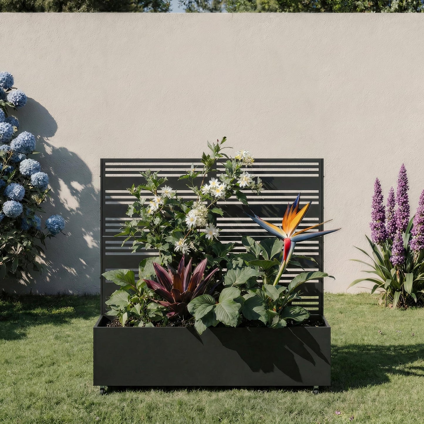 Metal Raised Garden Bed with Trellis and Wheels, 71"x47"x16" Planter Box with Privacy Screen & Drainage Holes, Arched Outdoor Garden Bed for Climbing Plants, Vegetables, Flowers (Black-Square)