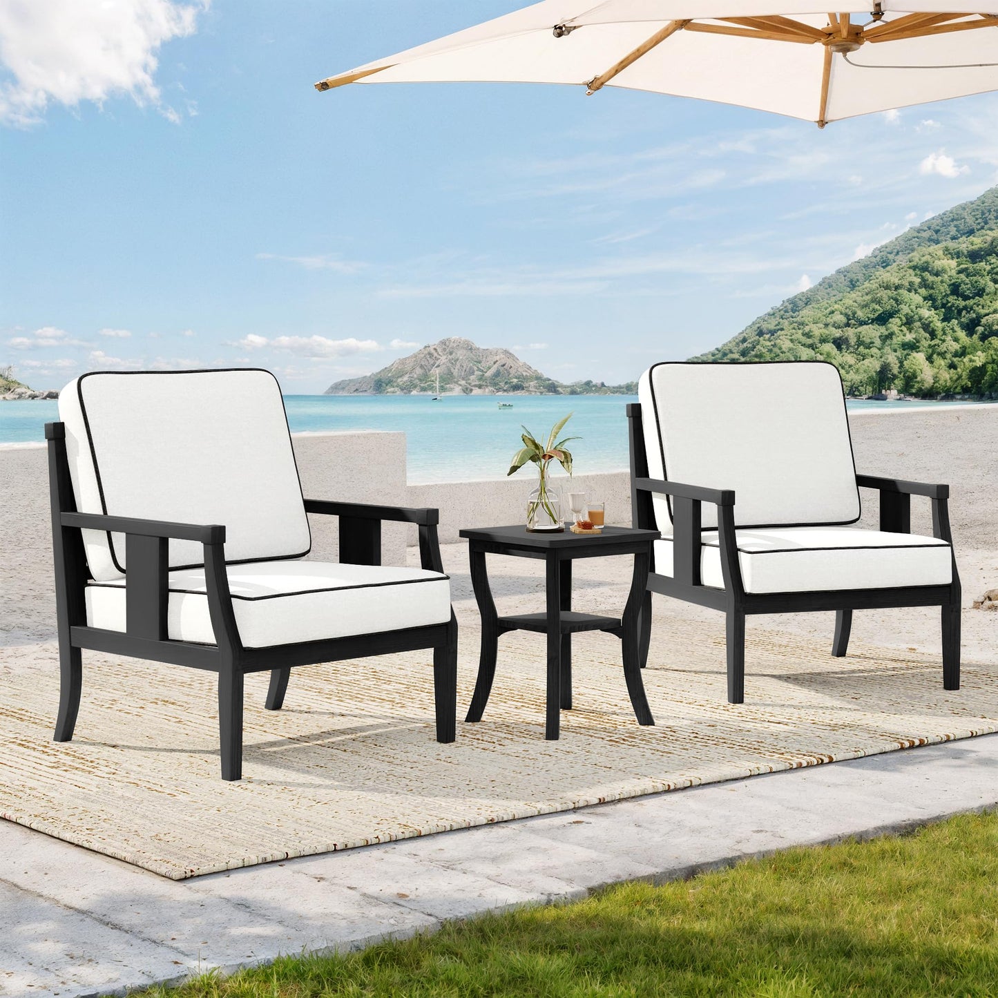 Outdoor Patio Armchairs Set of 2, All-Weather Solid Wood Patio Furniture Sets, Outdoor Sofa Chairs with Washable Thick Cushions for Porch, Balcony, Deck, Black Frame & Gray Cushion