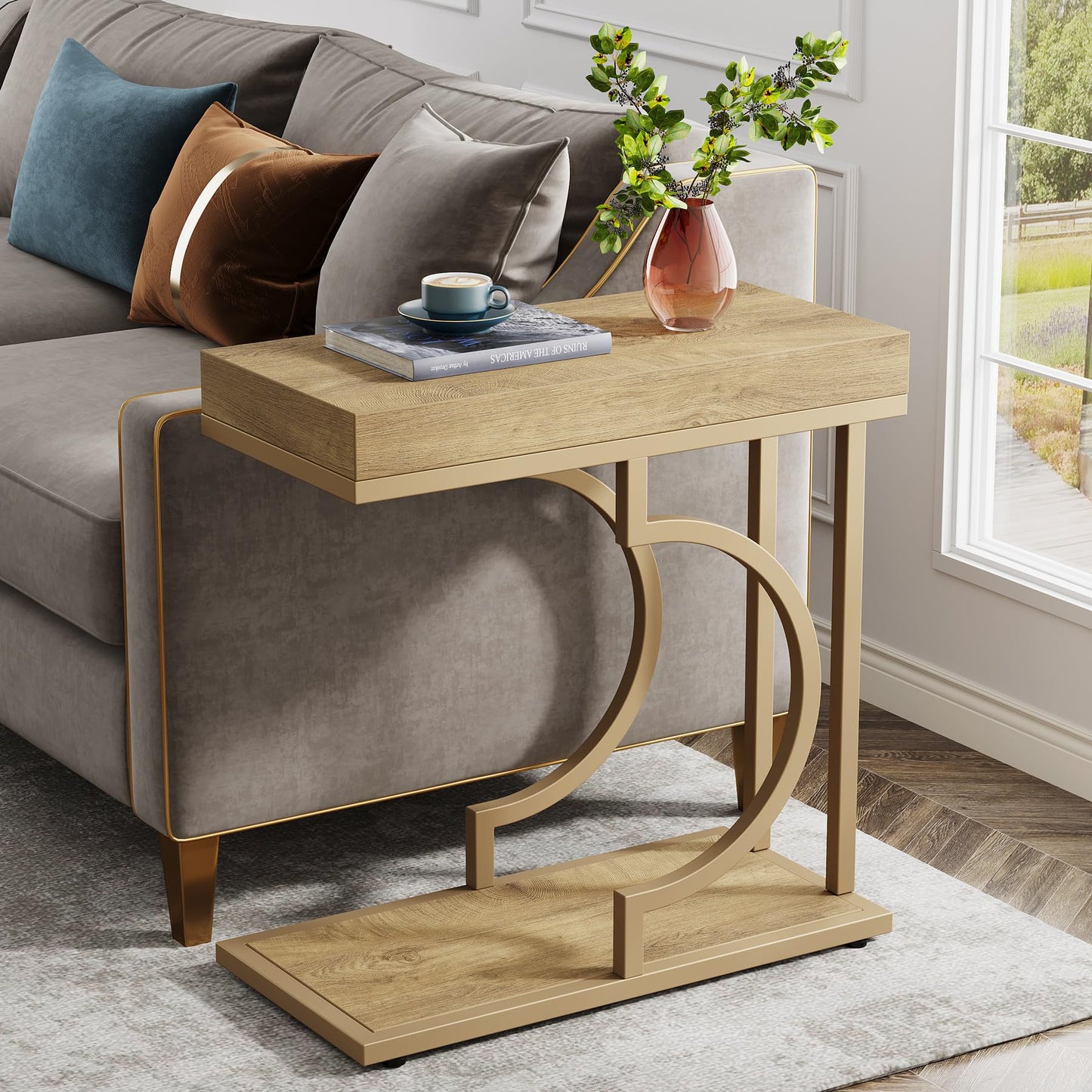 Tribesigns Narrow Side Table for Couch, C Shaped End Table with Metal Frame, Modern Bedside Tables, Small Sofa Tables for Small Spaces, Living Room (1, Brown+Black)