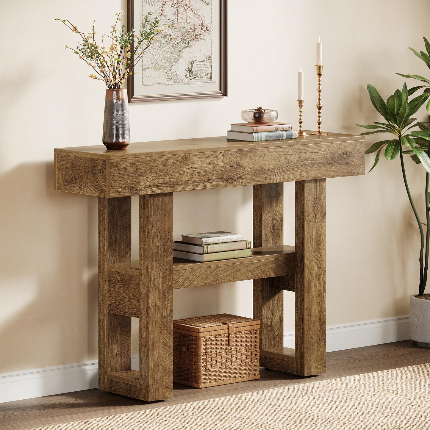 Tribesigns 41.34-Inch Farmhouse Console Table, 2-Tier Narrow Sofa Table Behind The Couch, Entryway Furniture with Storage Shelves for Hallway Foyer Living Room, Rustic Brown