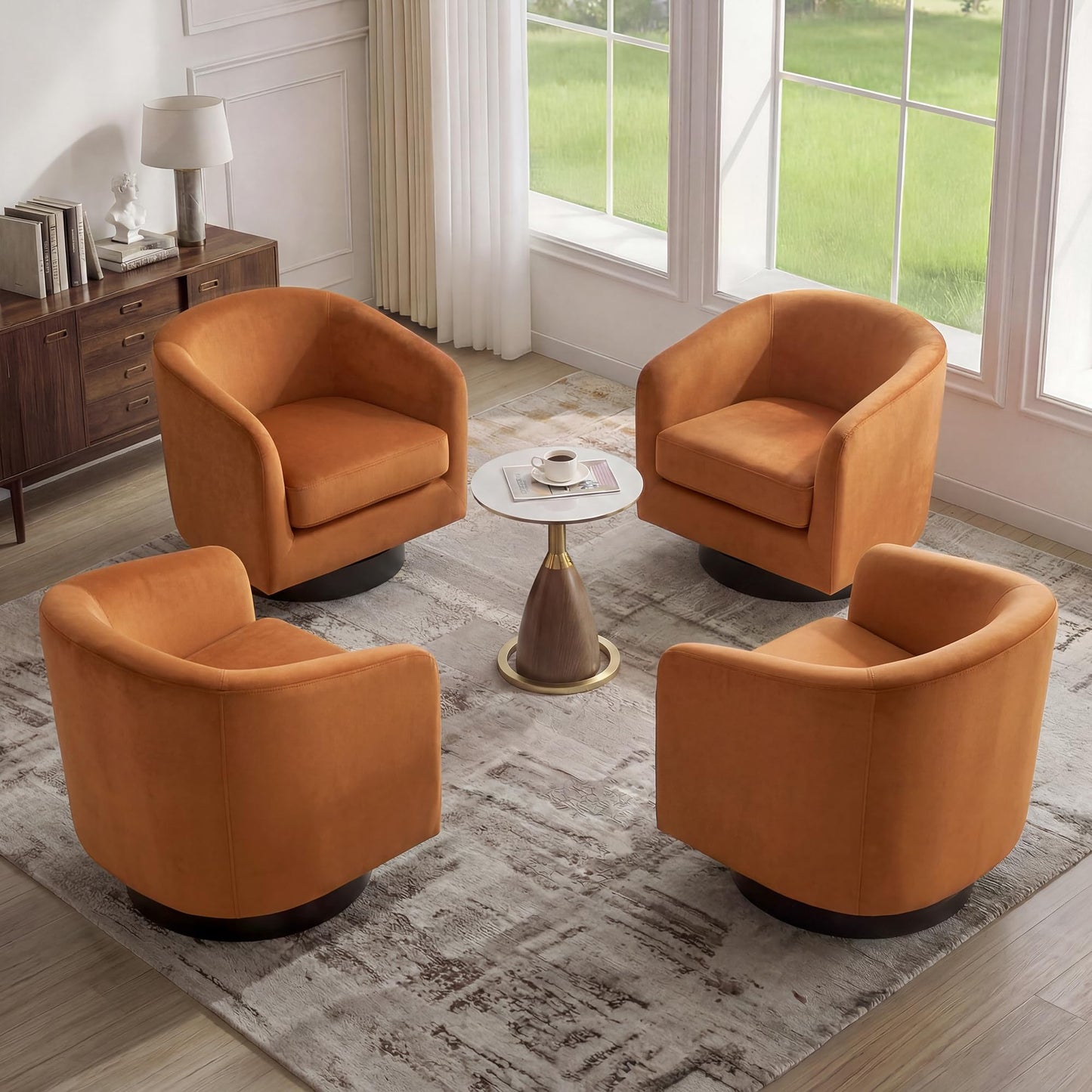 Swivel Barrel Chairs Set of 2, 31" W Modern Faux Leather Round Swivel Accent Chair for Living Room, 360° Rotation Upholstered Armchair Club Chair for Bedroom, Reading Room, Office (Brown)