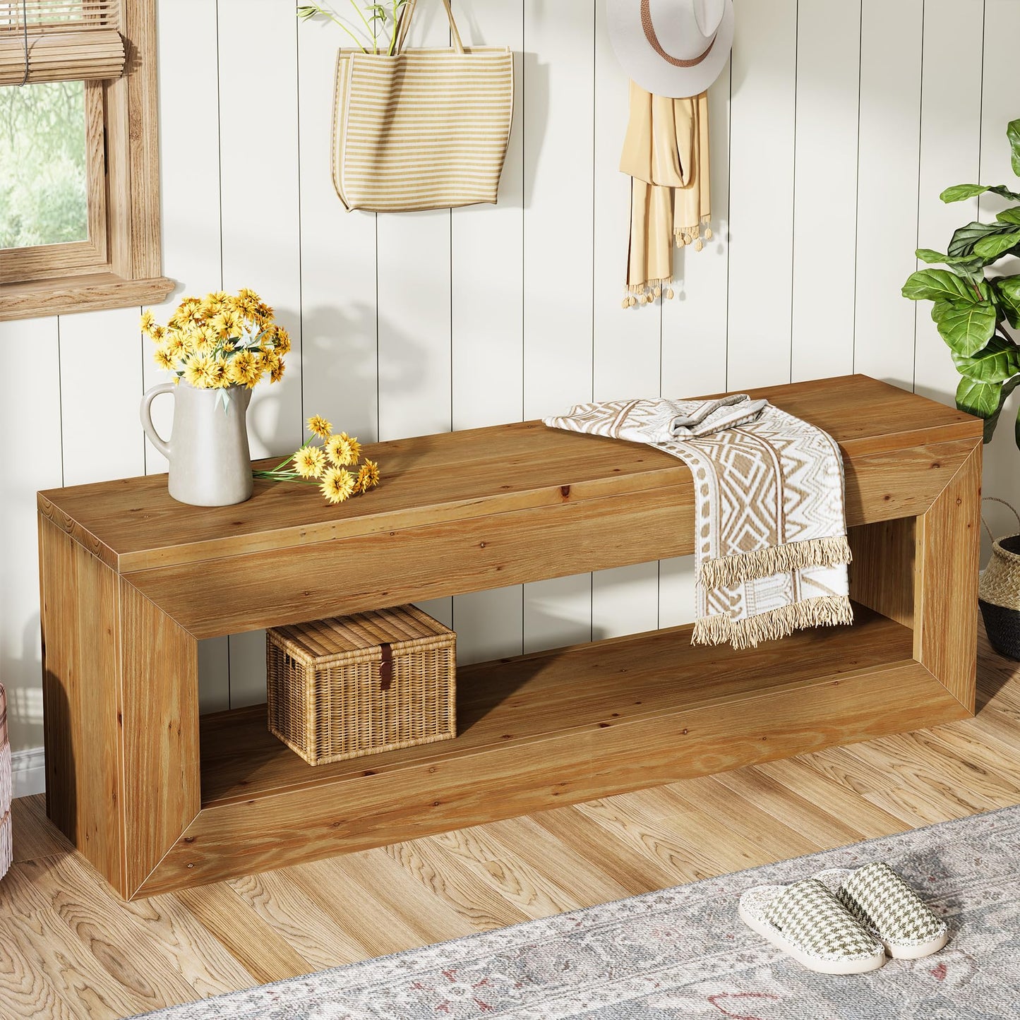 Solid Wood Entryway Bench, 47" Rustic Farmhouse Indoor Bench Seat with Storage Shelf for Entrance, Hallway, End of Bed