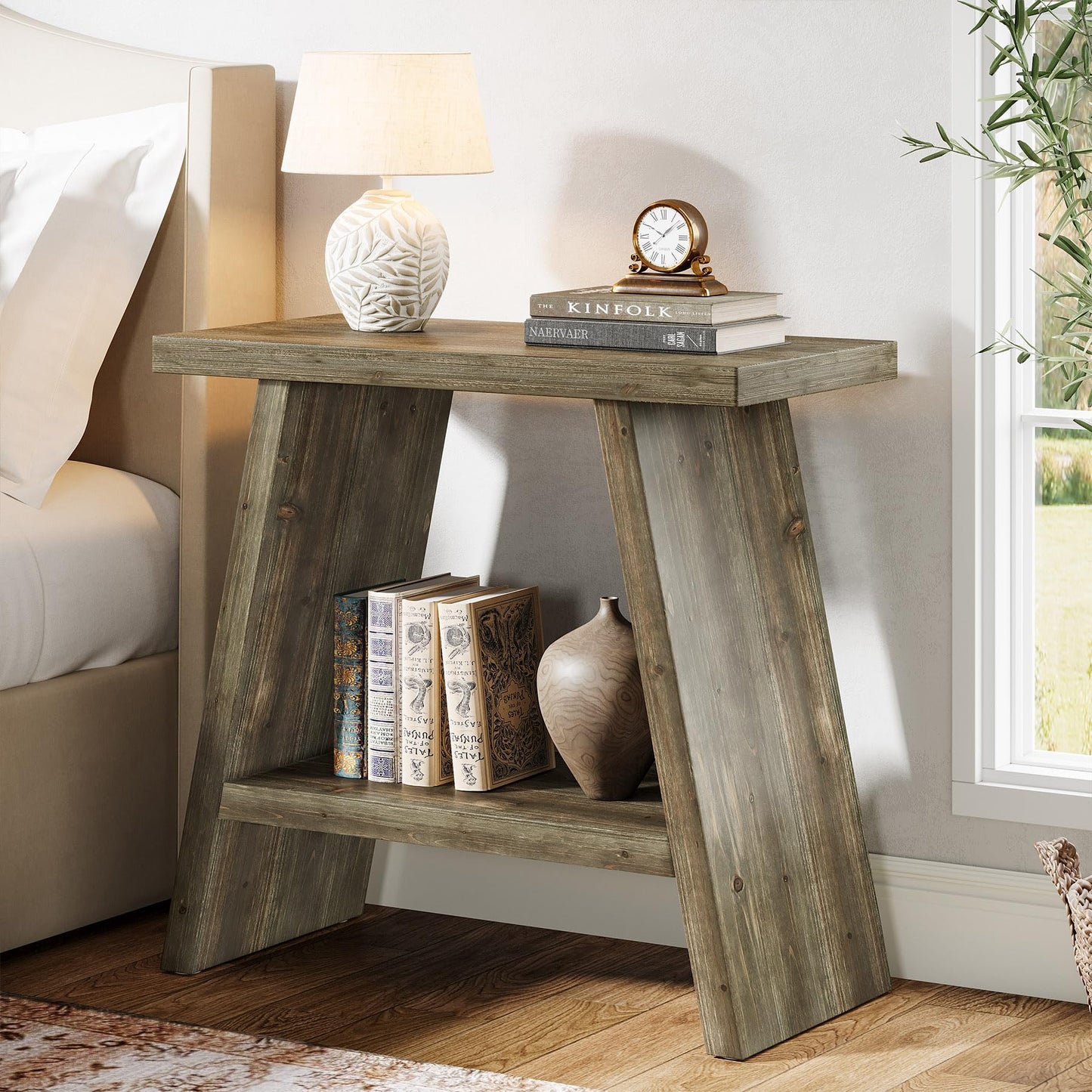 Solid Wood End Table for Living Room, Narrow Small Side Table with 2-Tier Storage, Farmhouse Bedside Nightstand for Bedroom, Small Places, Rustic Brown (1PCS)