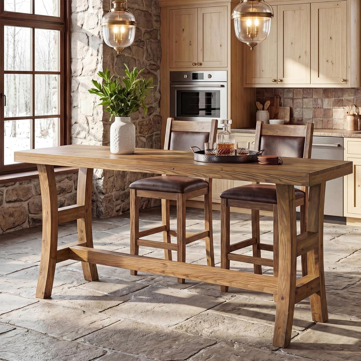 63-Inch Solid Wood Bar Table, Farmhouse Counter Height Pub Table with Footrest, Rectangular High Top Home Bar Units for Home Kitchen, Dining Room, Bistro (Without Chair, Retro Brown)