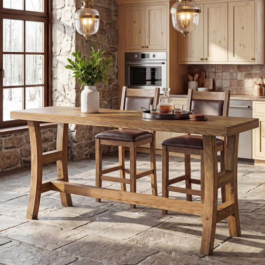 63-Inch Solid Wood Bar Table, Farmhouse Counter Height Pub Table with Footrest, Rectangular High Top Home Bar Units for Home Kitchen, Dining Room, Bistro (Without Chair, Retro Brown)