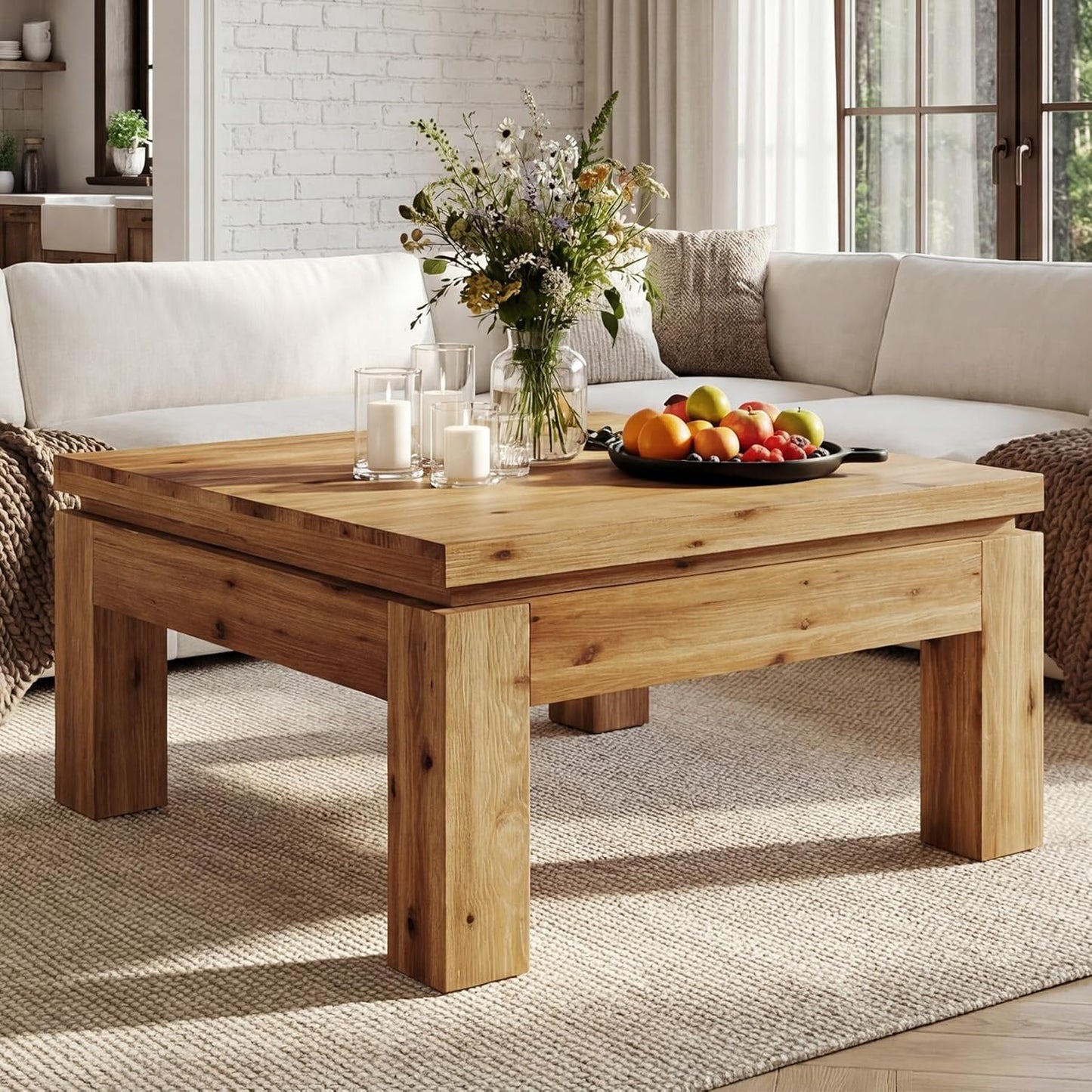 Farmhouse Coffee Table, 31.5" Solid Wood Square Coffee Table for Living Room, Apartment, Small Spaces (Natural Brown)