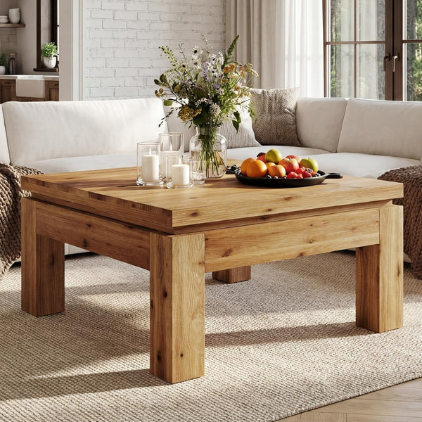 Farmhouse Coffee Table, 31.5" Solid Wood Square Coffee Table for Living Room, Apartment, Small Spaces (Natural Brown)