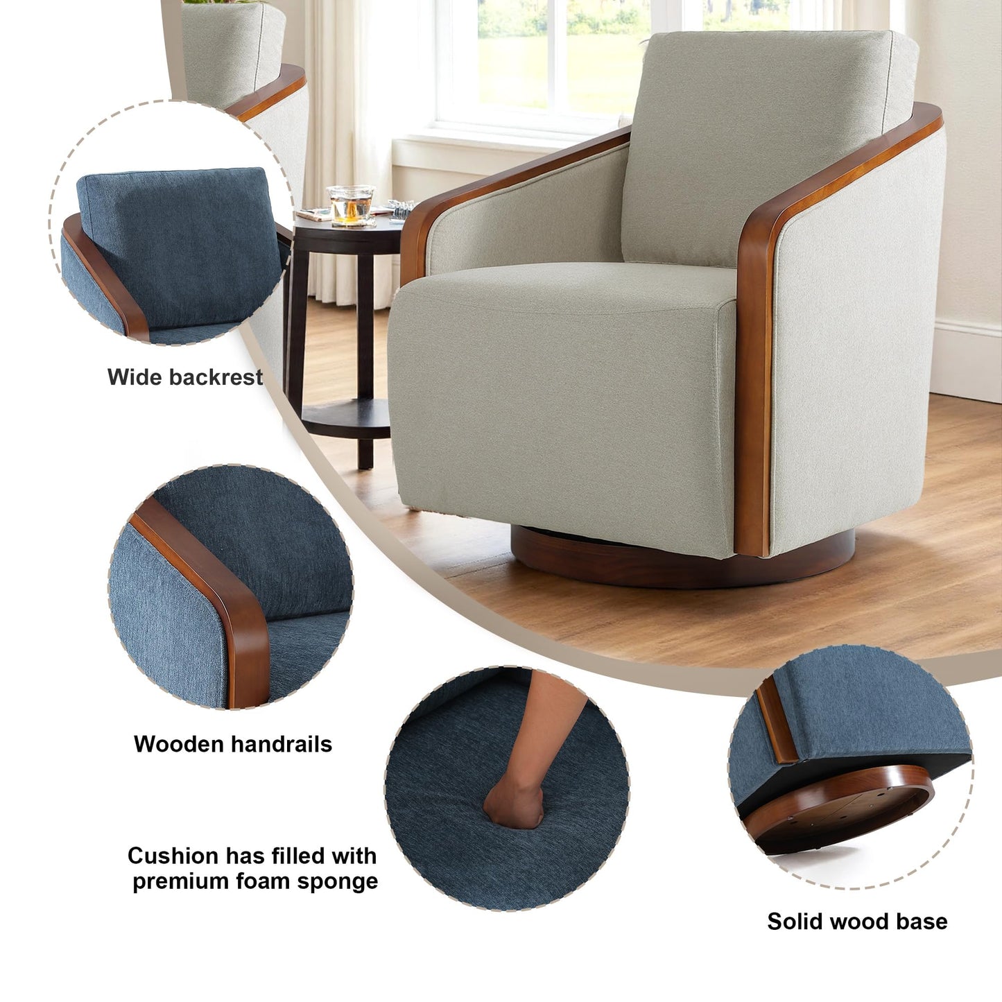 360° Swivel Barrel Chairs Set of 2, Upholstered Swivel Round Barrel Chair, Comfy Chenille Fabric Single Club Armchair Accent Chair for Living Room, Reading Room, Bedroom, Beige Brown