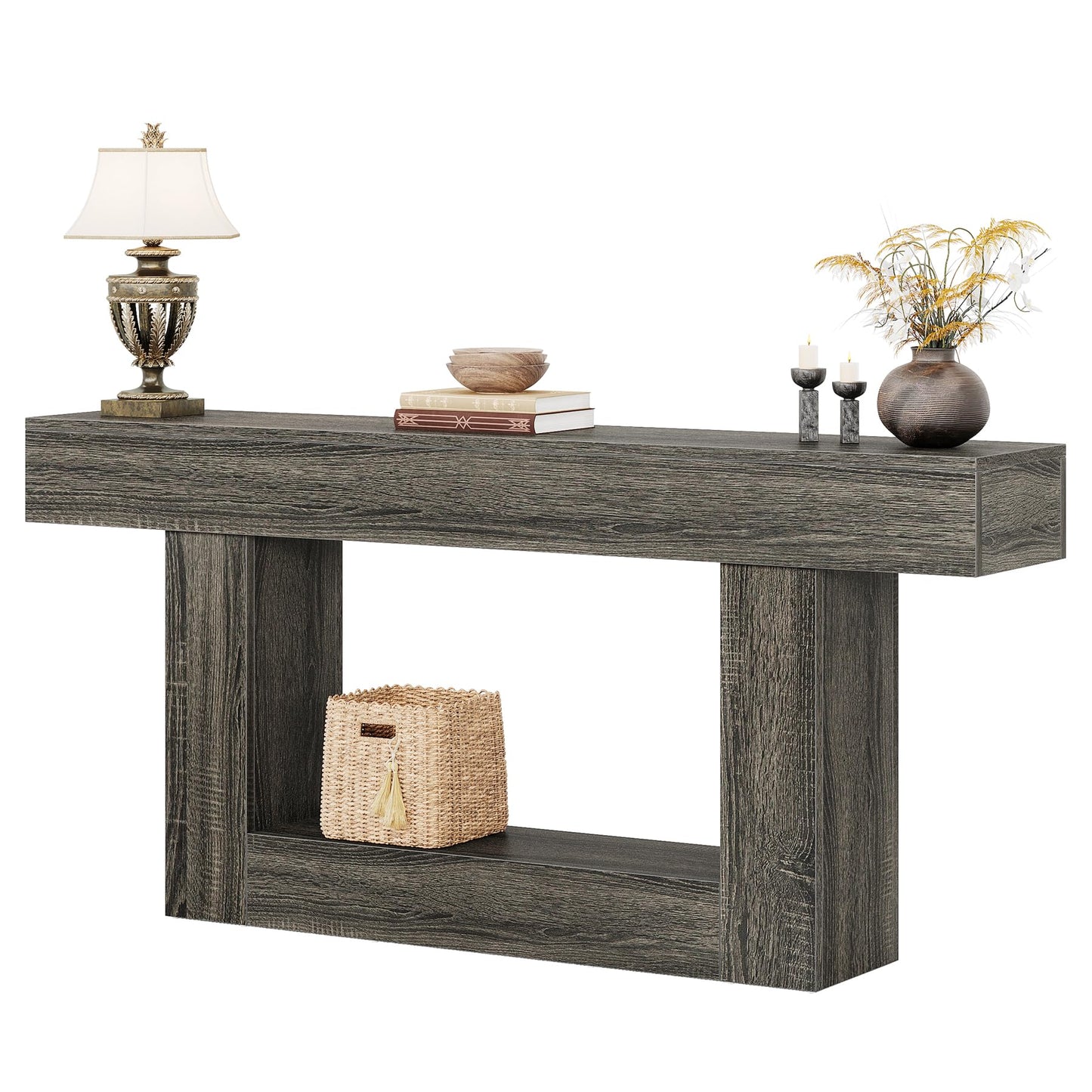 Tribesigns 63" Console Table, Farmhouse 2-Tier Entryway Table with U-Shaped Base, Narrow Long Wood Sofa Table Behind Couch Table for Living Room, Hallway, Foyer, Vintage Brown & Gray | Farmhouse