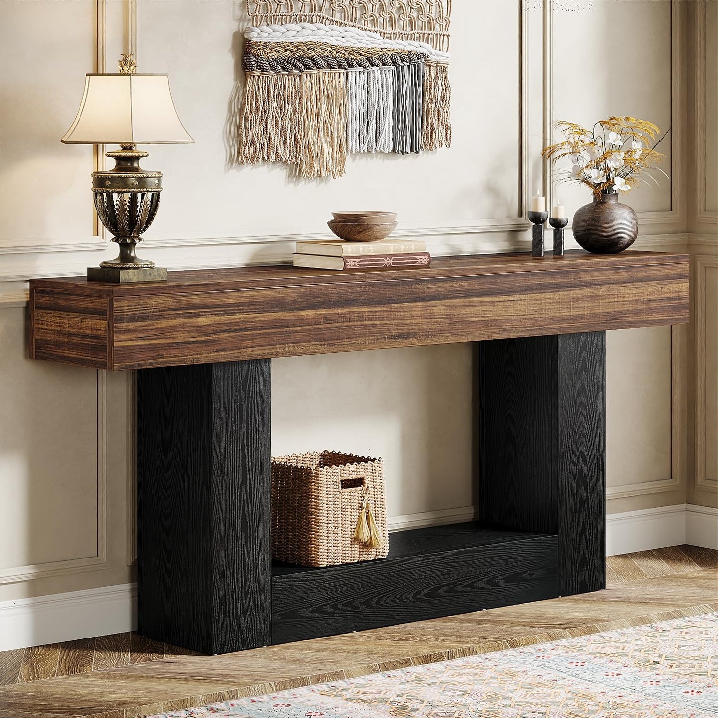 Tribesigns 63" Console Table, Farmhouse 2-Tier Entryway Table with U-Shaped Base, Narrow Long Wood Sofa Table Behind Couch Table for Living Room, Hallway, Foyer, Vintage Brown & Gray | Farmhouse