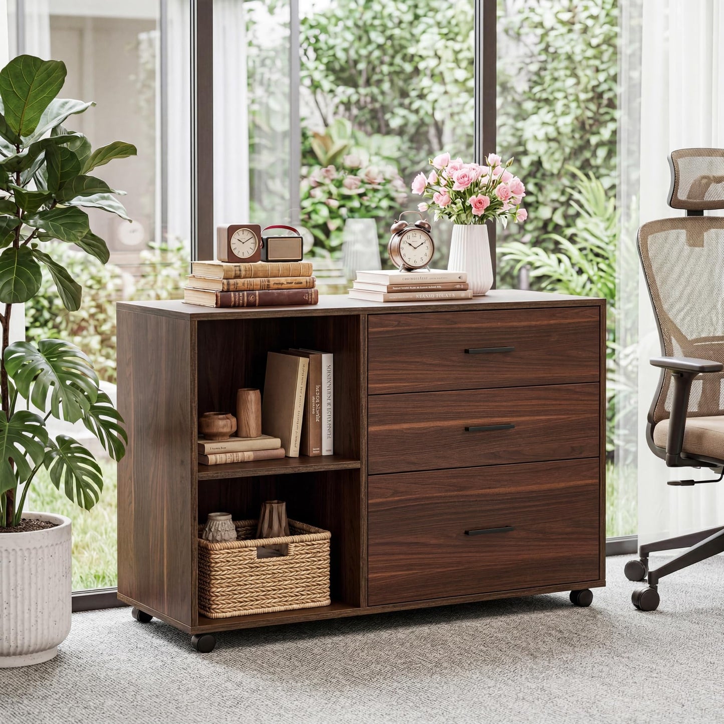 Tribesigns 39-Inch Rolling File Cabinet with 3 Drawers, Wooden Office Lateral Filing Cabinet, Modern Printer Stand with Storage Shelves for Home Office, Light Brown