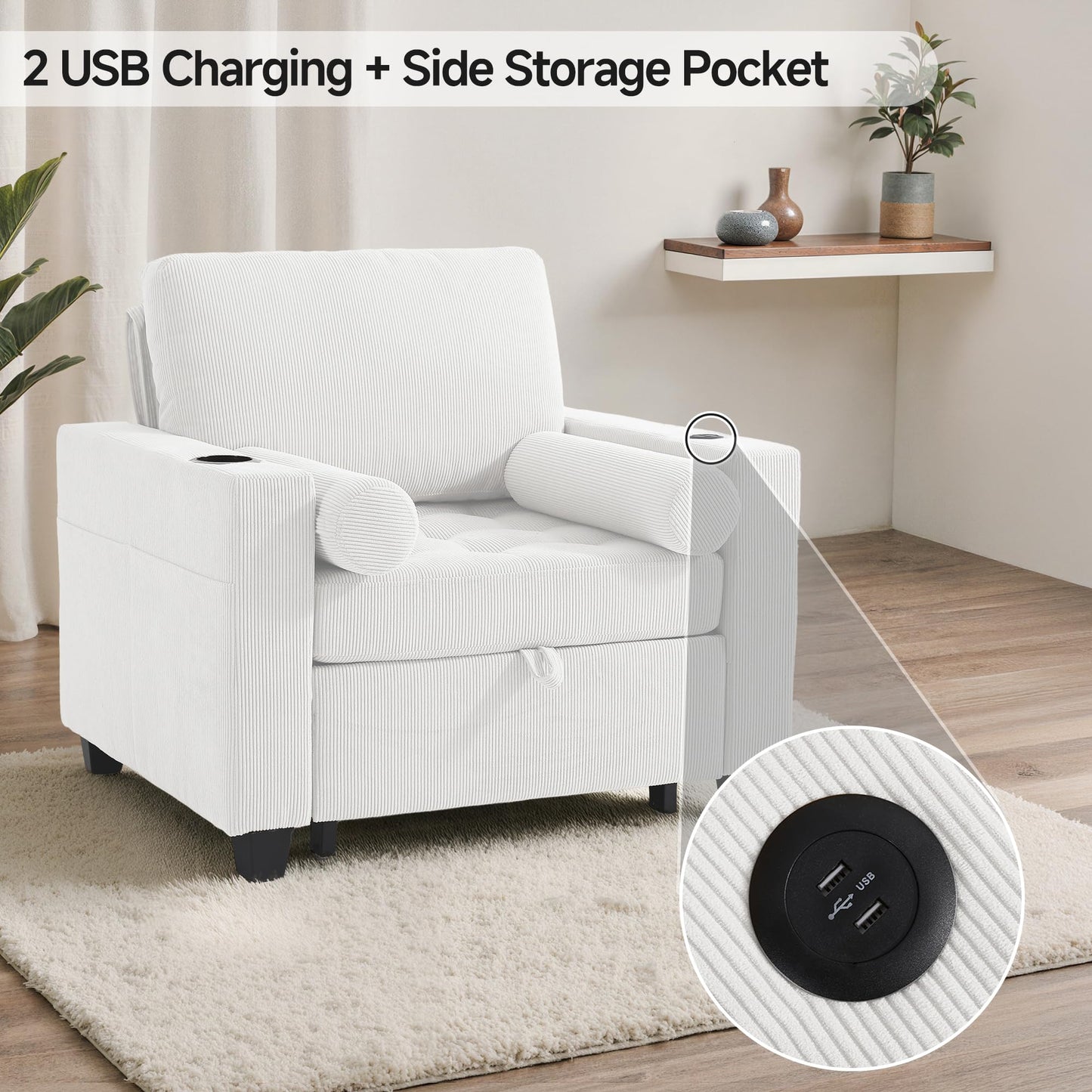 Sleeper Sofa Chair Bed, 3-in-1 Convertible Sleeper Chair with Pull Out Bed, Comfy Corduroy Sofa Bed Couch with Reclining Adjustable Backrest, USB Ports, Cup Holder, Side Pocket (Gray, 38.8")