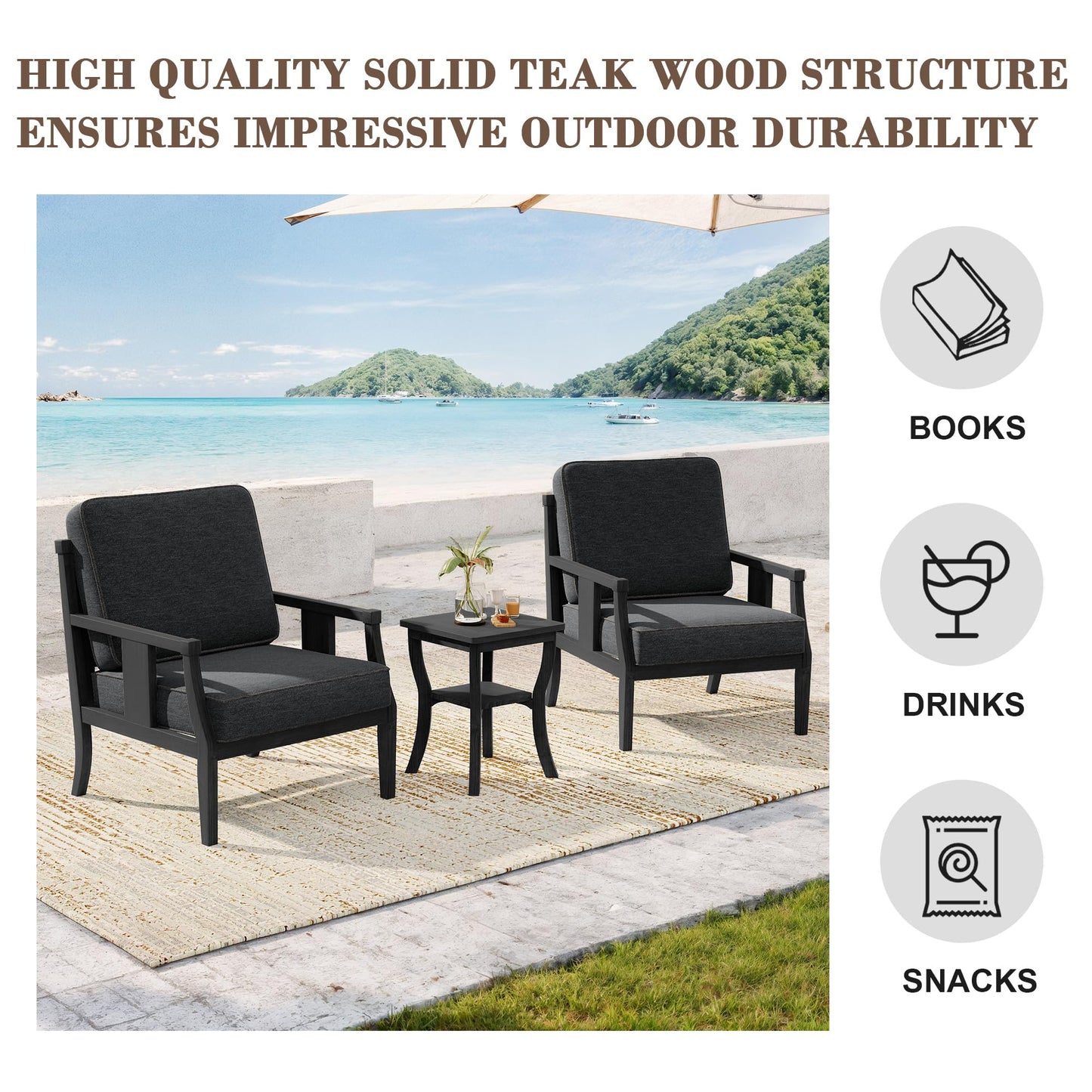Outdoor Patio Armchairs Set of 2, All-Weather Solid Wood Patio Furniture Sets, Outdoor Sofa Chairs with Washable Thick Cushions for Porch, Balcony, Deck, Black Frame & Gray Cushion