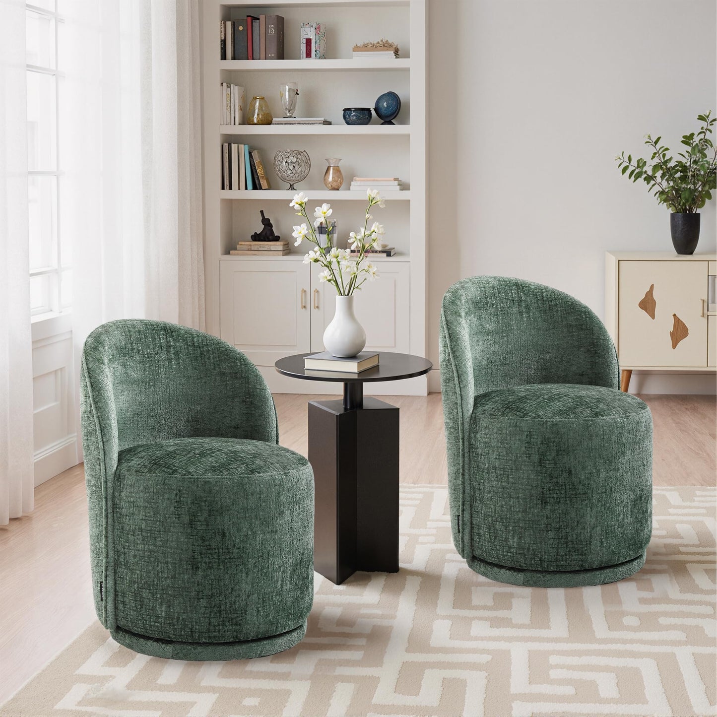 Swivel Barrel Dining Chairs Set of 2, Faux Leather Upholstered Round Dining Chairs, 360° Swivel Vanity Chair Comfy Armless Accent Makeup Chair for Dining/Living Room Makeup Room, Brown