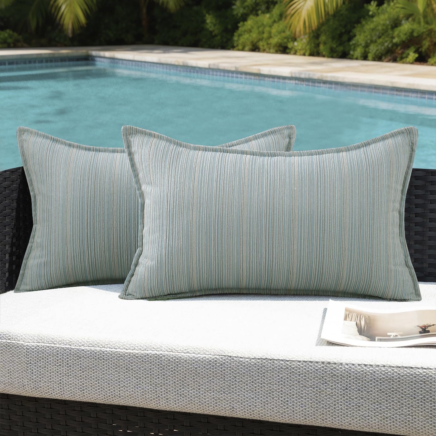 VAKADO Outdoor Waterproof Throw Pillow Covers 18x18 Set of 2,Chenille UV Decorative with Hem Patio Furniture Cushion Cases Decor for Bench Garden Tent Chair Seat Porch Couch,Stripe Beige