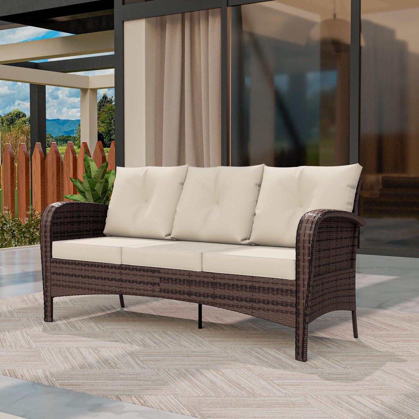 4 Piece Patio Conversation Set - 2 Swivel Chairs 1 Coffee Table 3-Seater Sofa, PE Wicker & Steel Patio Furniture with Heavy-Duty Steel Frame,Weatherproof Cushions, Red
