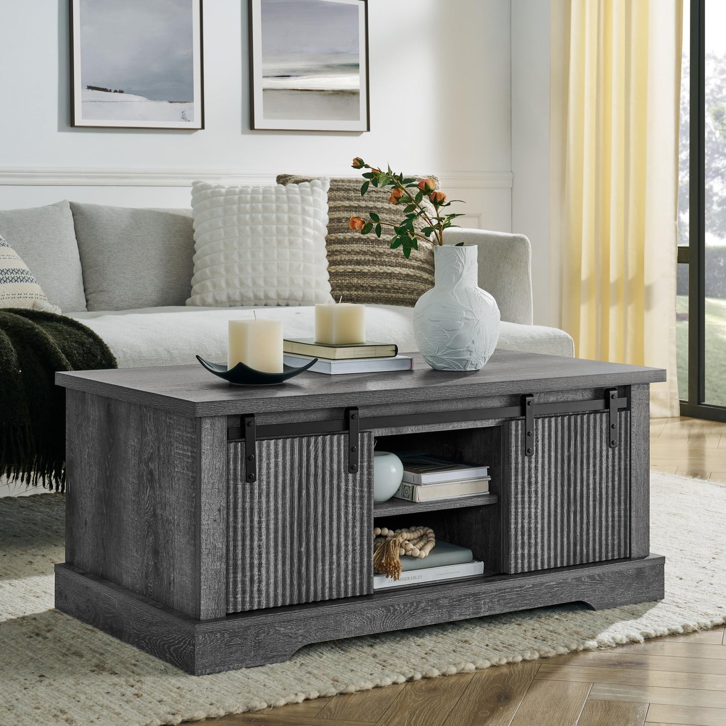 LKTART Farmhouse Coffee Table with Storage and Sliding Barn Door, Rustic Rectangular Center Table for Living Meeting Room,Office (41.3" W x 23.3" D)