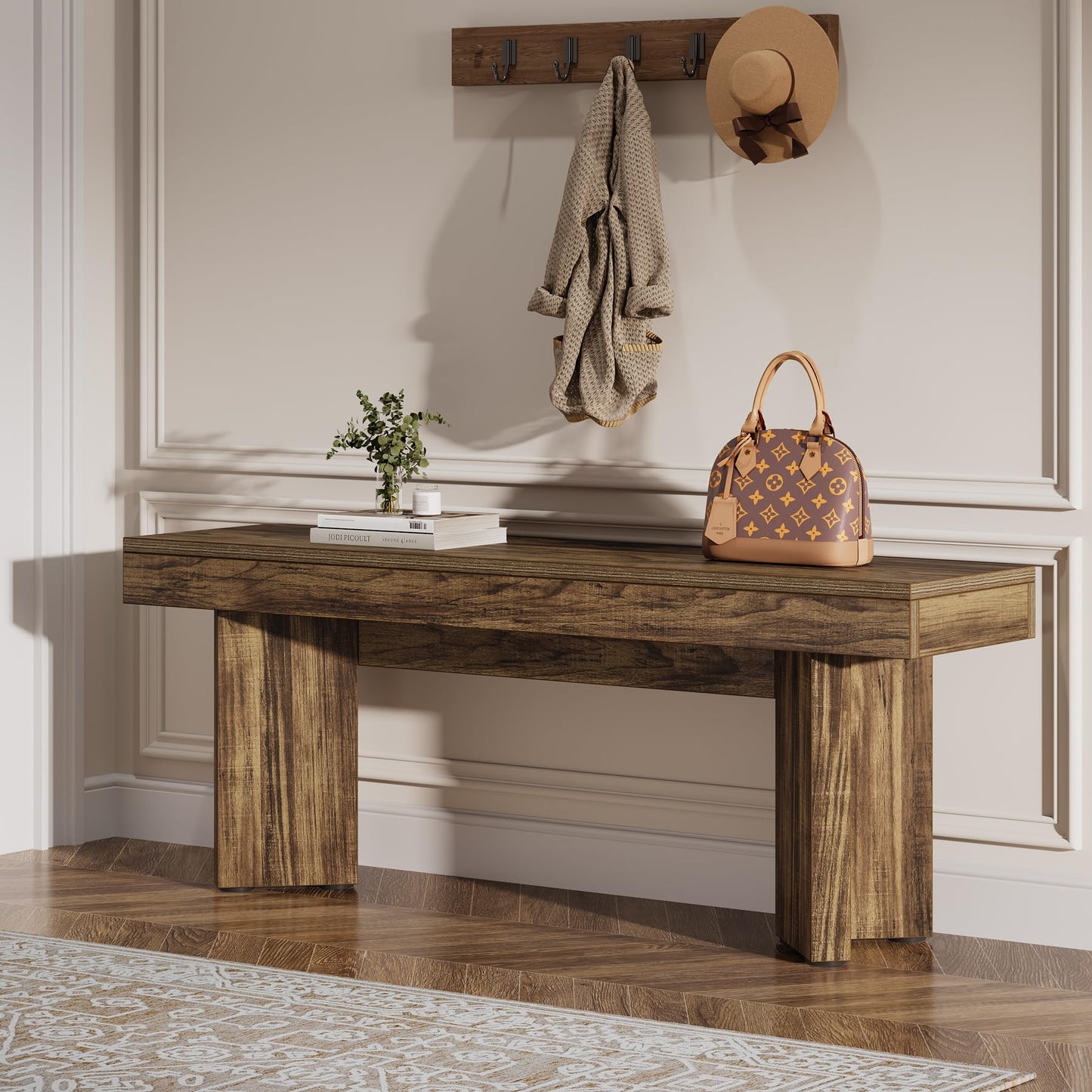 Tribesigns 47" Wooden Entryway Bench, Farmhouse Indoor End of Bed Bench, Long Table Benches Seat for Bedroom, Hallway, Foyer, End of Bed (Rustic Brown)