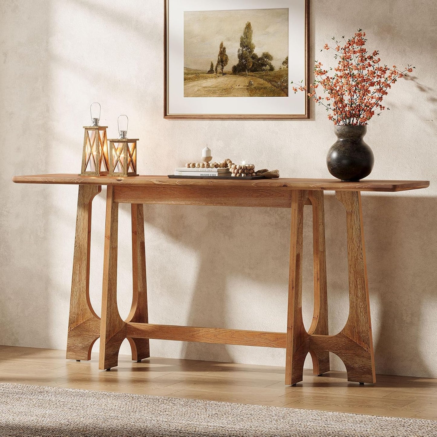 TRIBEWOOD 63-Inch Solid Wood Console Table, Farmhouse Long Sofa Table Behind Couch with Geometric Base for Entryway, Entrance, Living Room, Walnut Brown