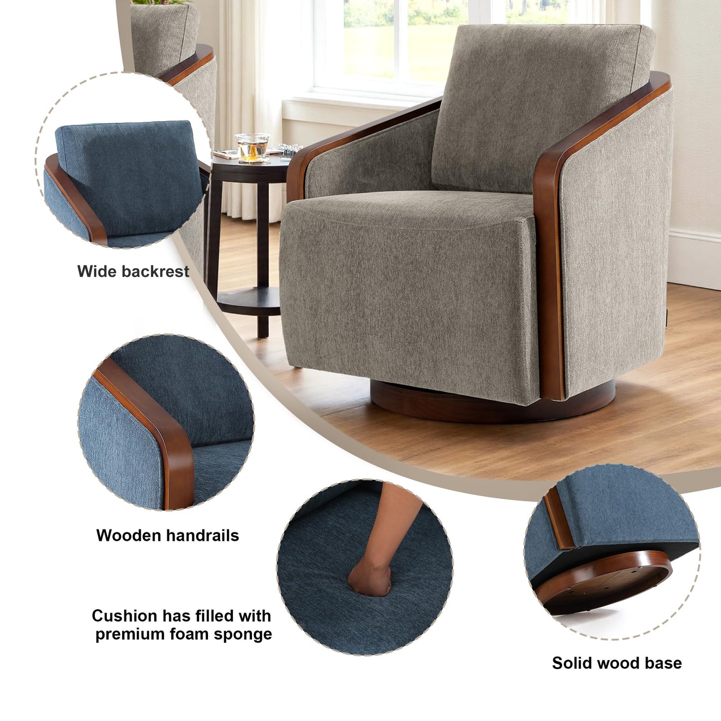 360° Swivel Barrel Chairs Set of 2, Upholstered Swivel Round Barrel Chair, Comfy Chenille Fabric Single Club Armchair Accent Chair for Living Room, Reading Room, Bedroom, Beige Brown