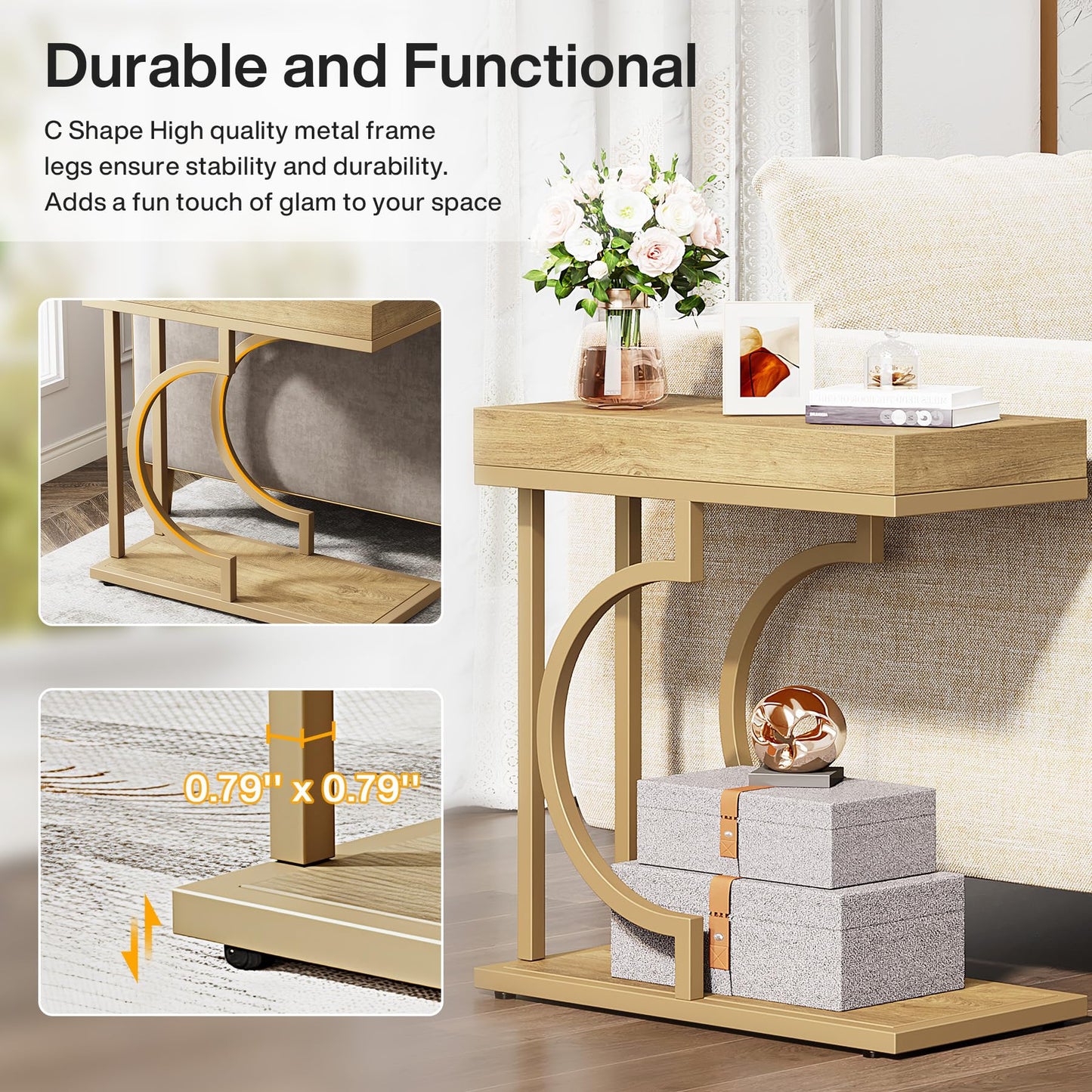 Tribesigns Narrow Side Table for Couch, C Shaped End Table with Metal Frame, Modern Bedside Tables, Small Sofa Tables for Small Spaces, Living Room (1, Brown+Black)