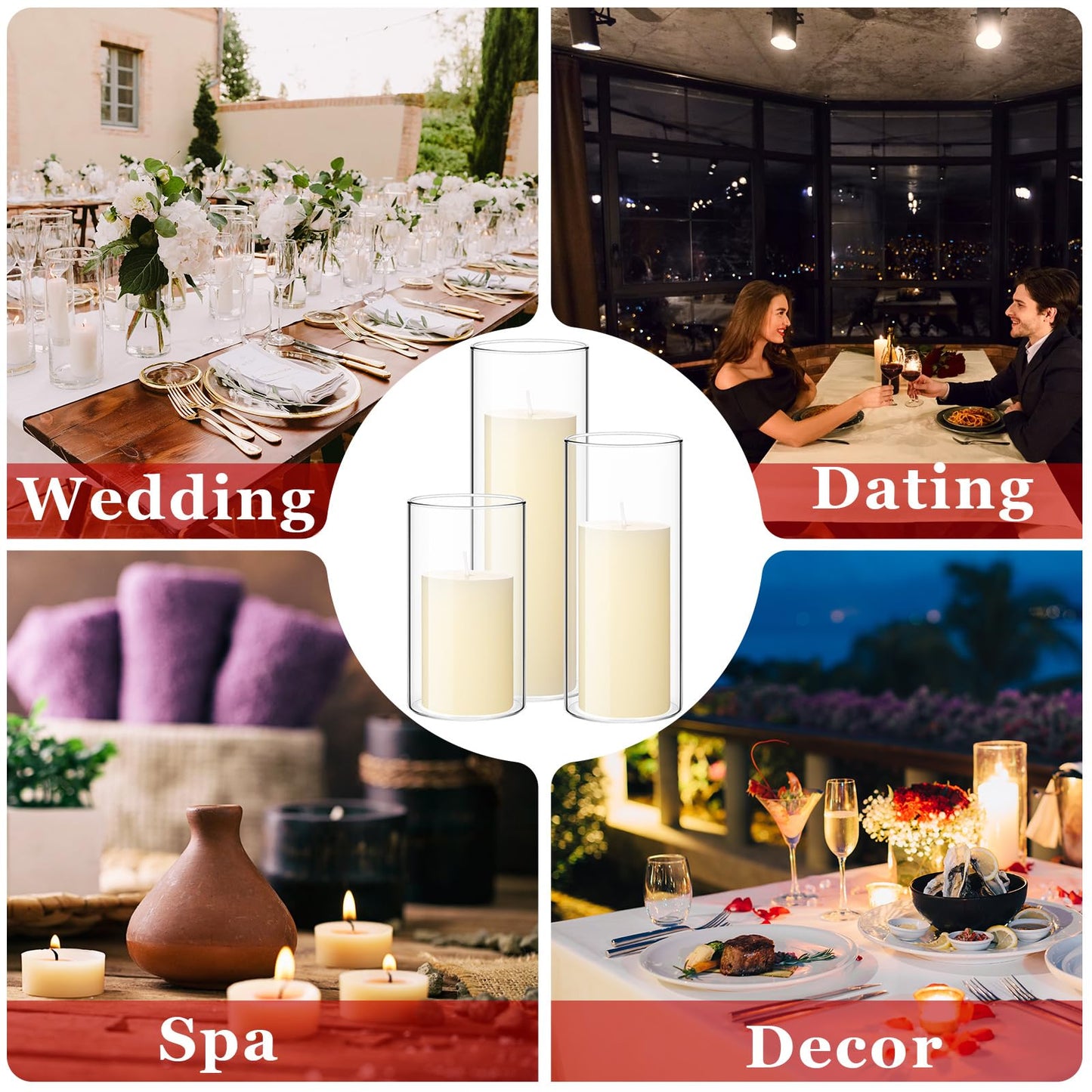 Shihanee Set of 3 Pillar Candles and 3 Glass Cylinder Candle Vases Holders Clear Pillar Jars for Wedding Centerpieces(3'' x 5.9'', 7.9'', 9.8'',Ivory White)