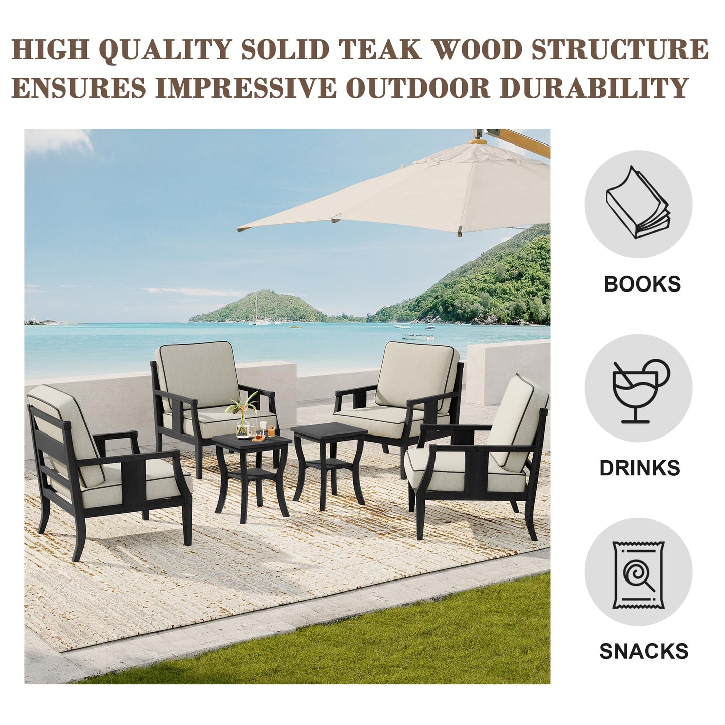 Outdoor Patio Armchairs Set of 2, All-Weather Solid Wood Patio Furniture Sets, Outdoor Sofa Chairs with Washable Thick Cushions for Porch, Balcony, Deck, Black Frame & Gray Cushion