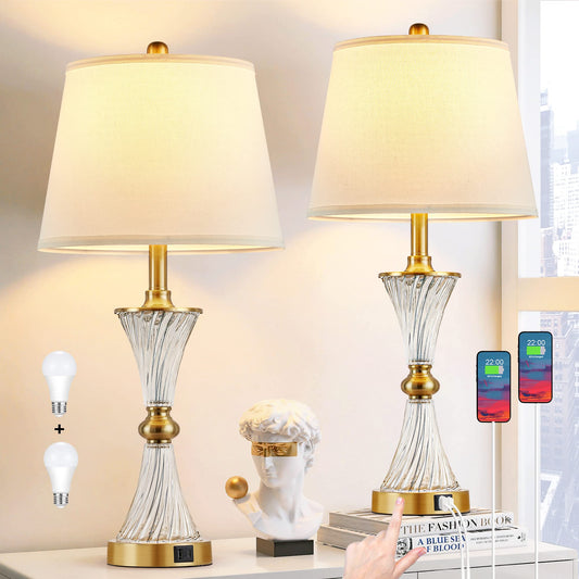 27" Bedroom Lamps Set of 2, Gold Glass Touch Lamps with USB C+A Ports, 3-Way Dimmable Light Fixture for Nightstand, Modern Table Side Lighting for Living Room, 2 Bulbs Included