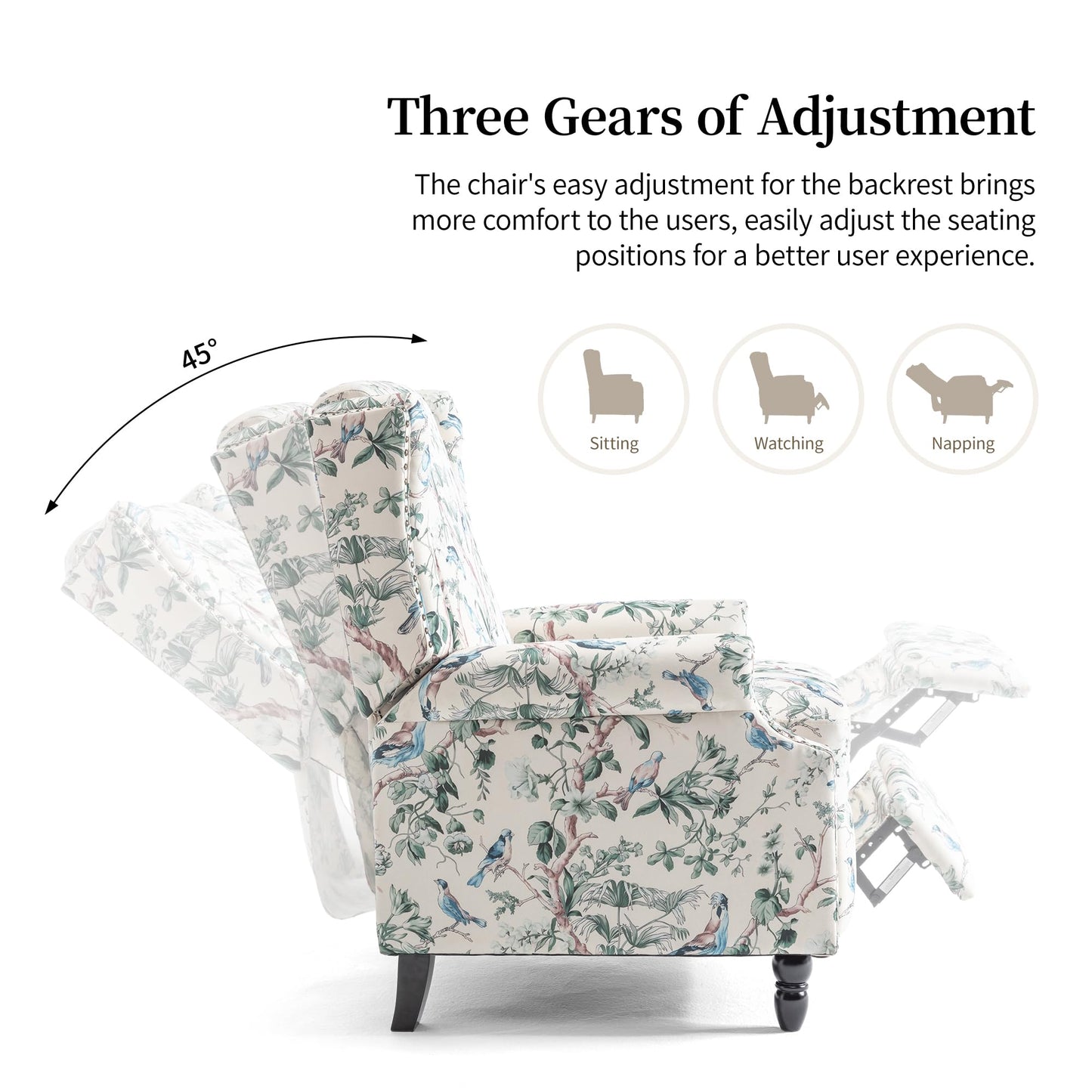 Pushback Recliner Chair, Printed Fabric Wingback Recliner Chair for Living Room, Upholstered Armchair Push Back Recliner with Wood Legs, Rivet Trim Wingback Accent Chair for Bedroom, Navy