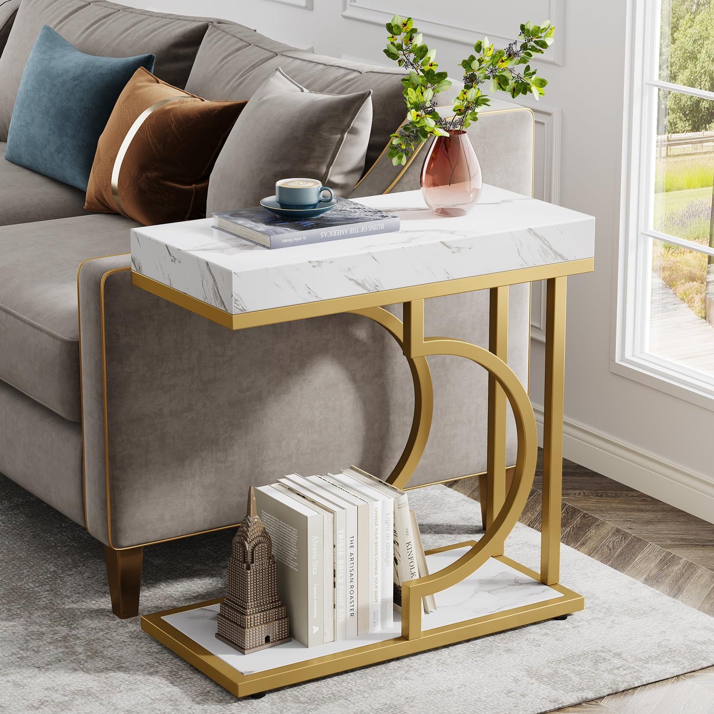 Tribesigns Narrow Side Table for Couch, C Shaped End Table with Metal Frame, Modern Bedside Tables, Small Sofa Tables for Small Spaces, Living Room (1, Brown+Black)
