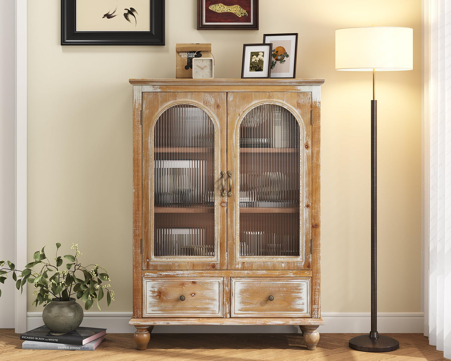 LKTART 60" Farmhouse Sideboard Buffet,Solid Fir Wood Frame with Hollowed-Out Carved Doors,Hand-Distressed Design,Versatile Storage Cabinet for Kitchen, Living Room,Natural Wood