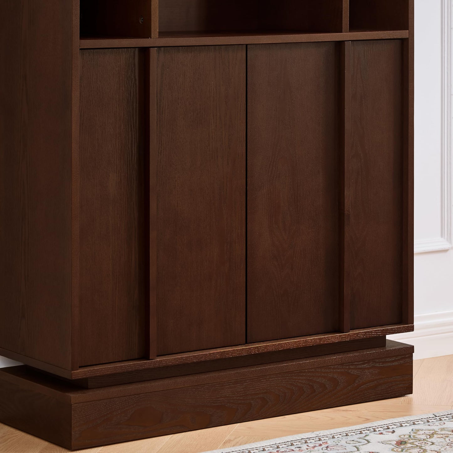 LKTART 63" Rattan Sideboard Buffet Cabinet,Kitchen Storage Cabinet,Wood Coffee Bars with 4 Doors & Open Storage Shelves,Mid Century Modern Credenza Console Table for Living Room,Walnut