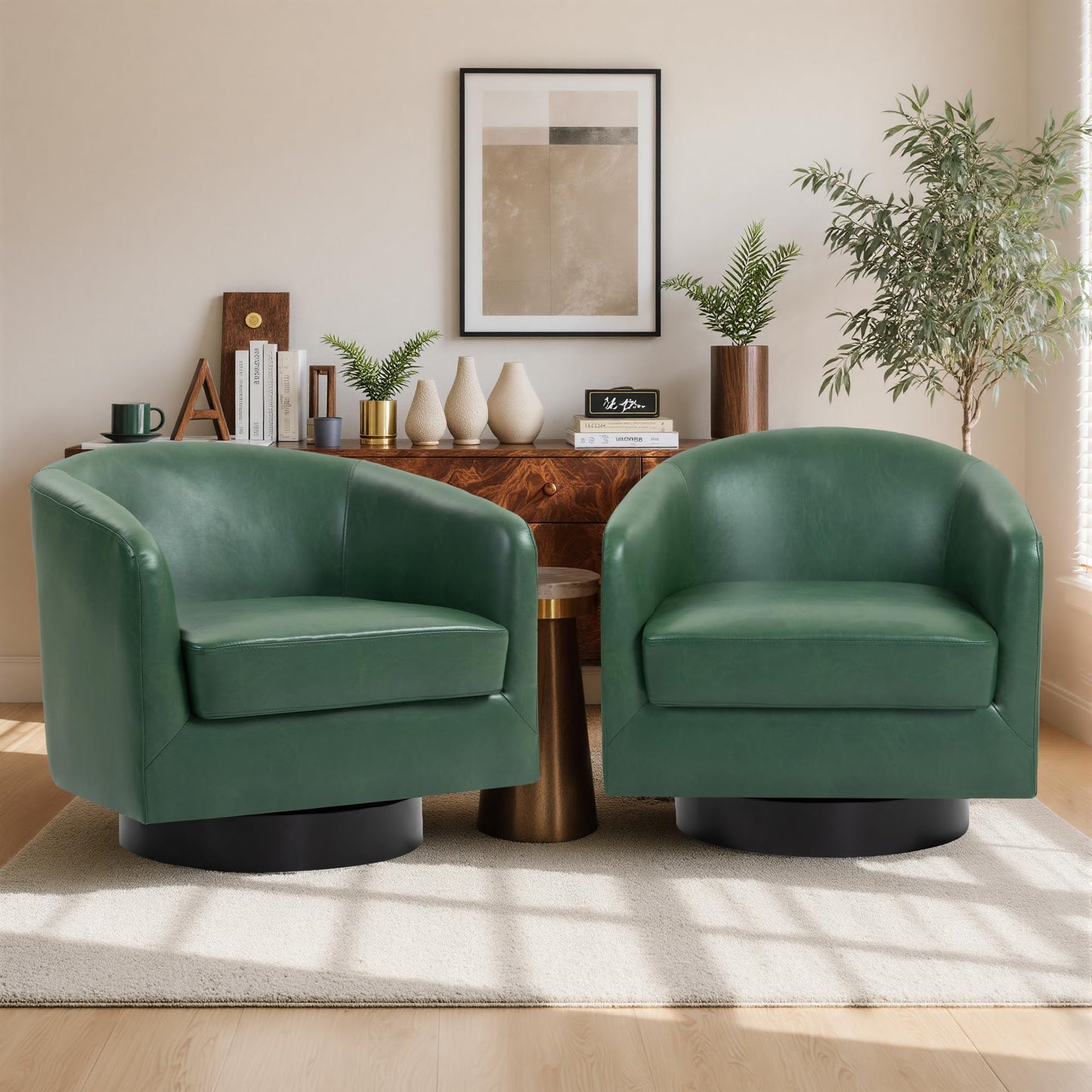 Swivel Barrel Chairs Set of 2, 31" W Modern Faux Leather Round Swivel Accent Chair for Living Room, 360° Rotation Upholstered Armchair Club Chair for Bedroom, Reading Room, Office (Brown)