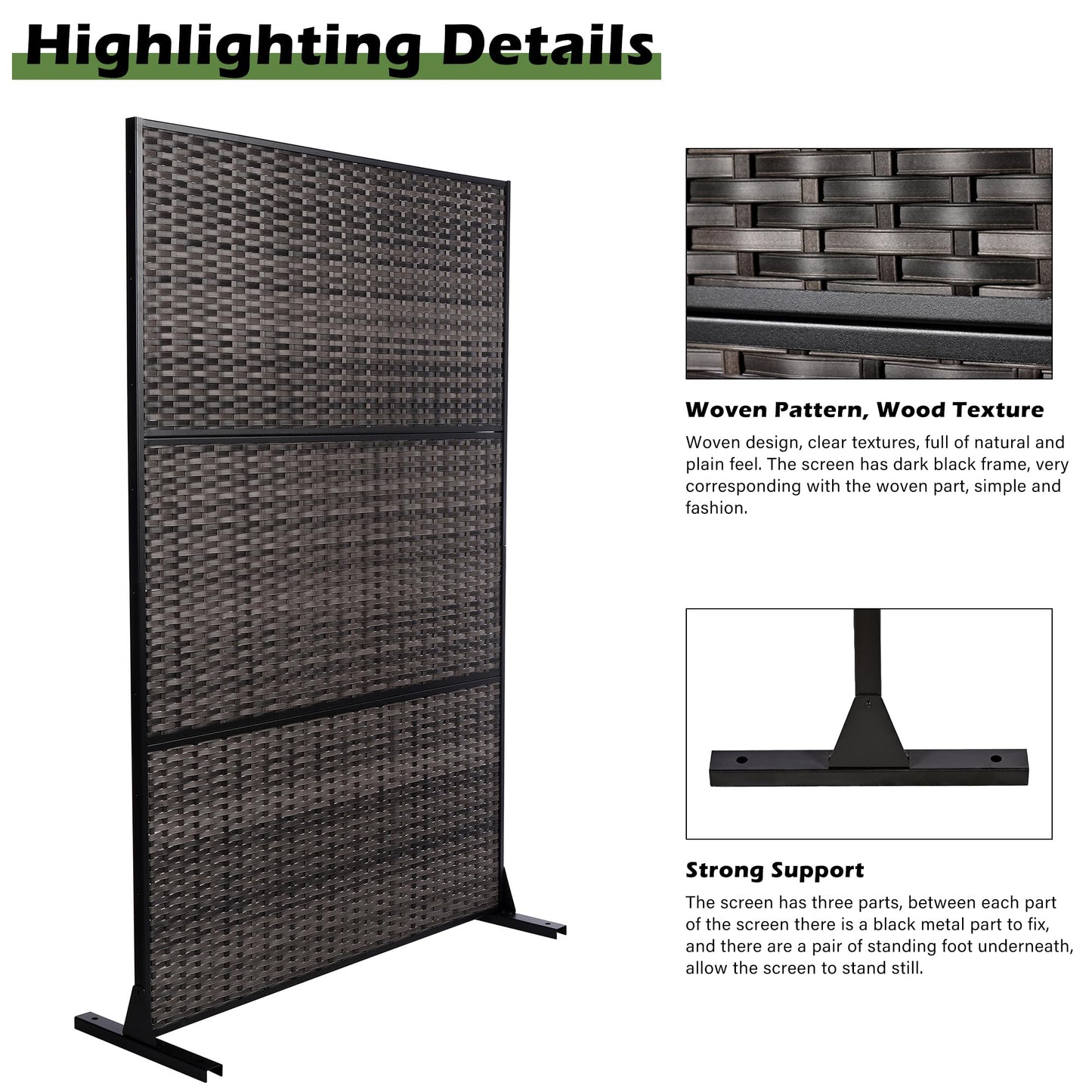 Outdoor Metal Privacy Screen with Stand, 72" H x 47" W Freestanding Outdoor Patio Divider, Decorative Patio Privacy Fence Panel for Garden Backyard Balcony Porch (Brown-Crossbanding)