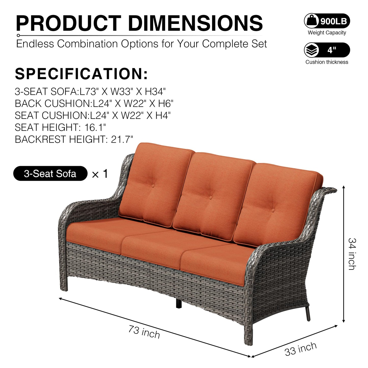 Joyside Outdoor Patio Couch, 3 Seater Outdoor Wicker Sofa with High Back, Deep Seating, Wide Armrest, Thickened Cushions, Patio Sofa for Deck, Porch Use