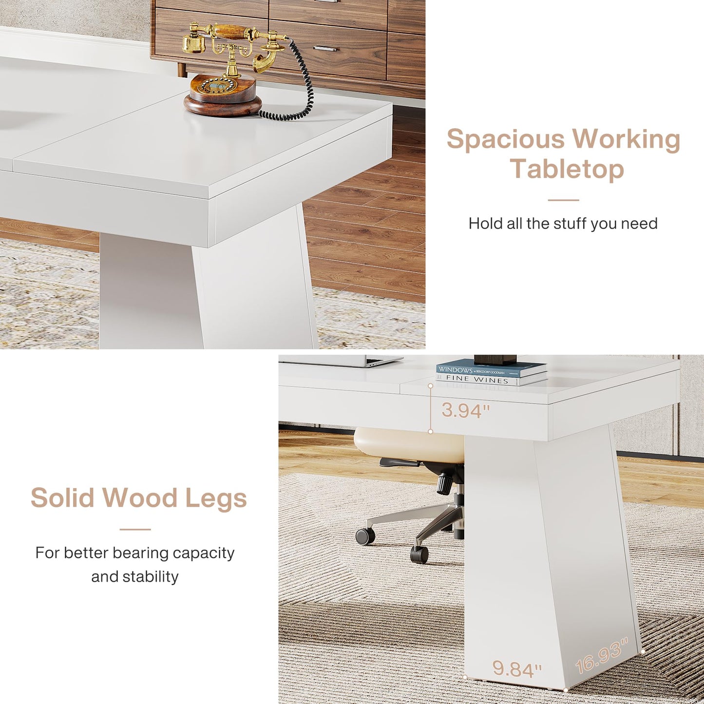 Tribesigns 55 Inches Executive Desk, Mid-Century Modern Home Office Desk, Wood MDF Computer Table Business Workstation Small Conference Table, Light Brown
