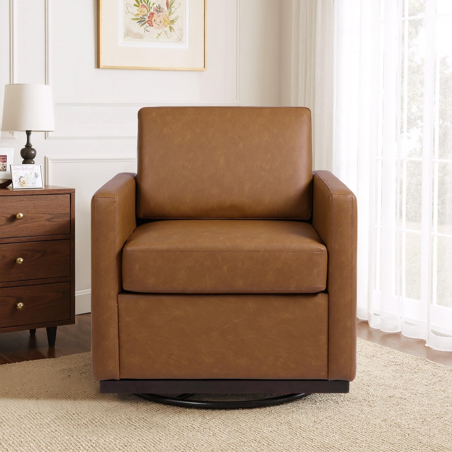 Faux Leather Swivel Accent Chairs Set of 2, 360° Swivel Upholstered Club Armchairs for Living Room, 31" Wide Square Single Sofa Reading Chair with Deep Seat, Metal Swivel Base, Navy