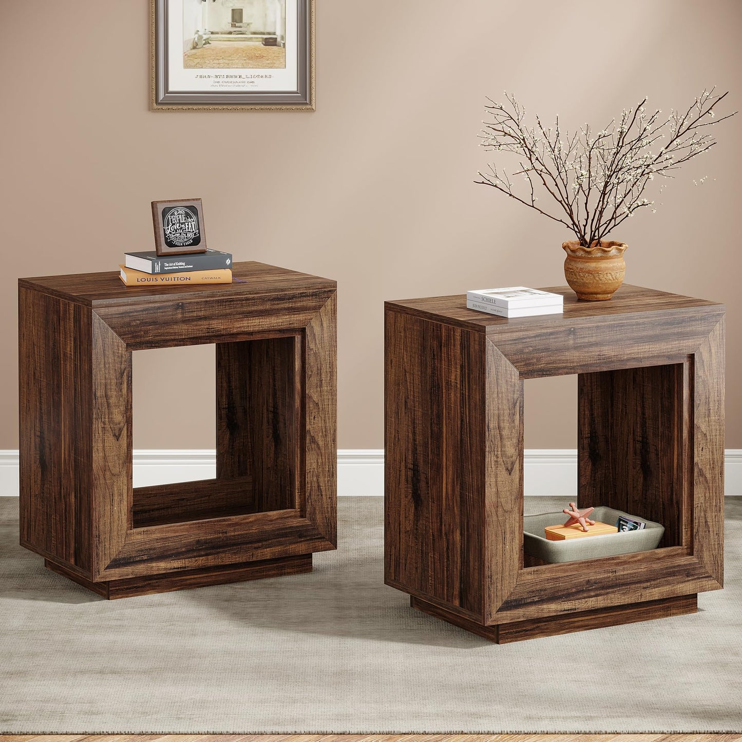 Tribesigns Rustic Wood End Table, 2 Tiered Square Side Table with Storage Shelf, Industrial Sofa Side Table for Living Room, Entrance (Rustic Brown) (1)