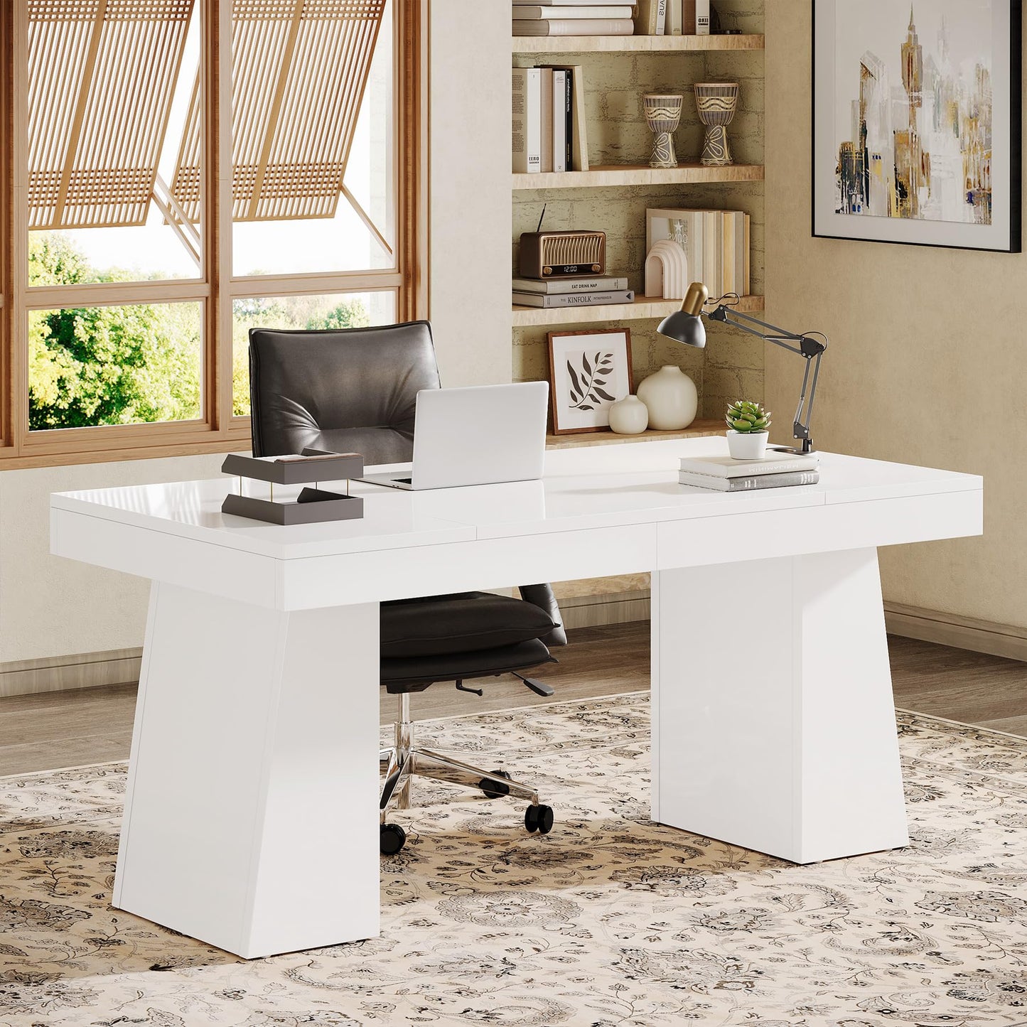 Tribesigns 55" Executive Desk, Wooden Office Desk with Double Pedestal, Modern Simple Computer Writing Table for Home Office, Light Brown
