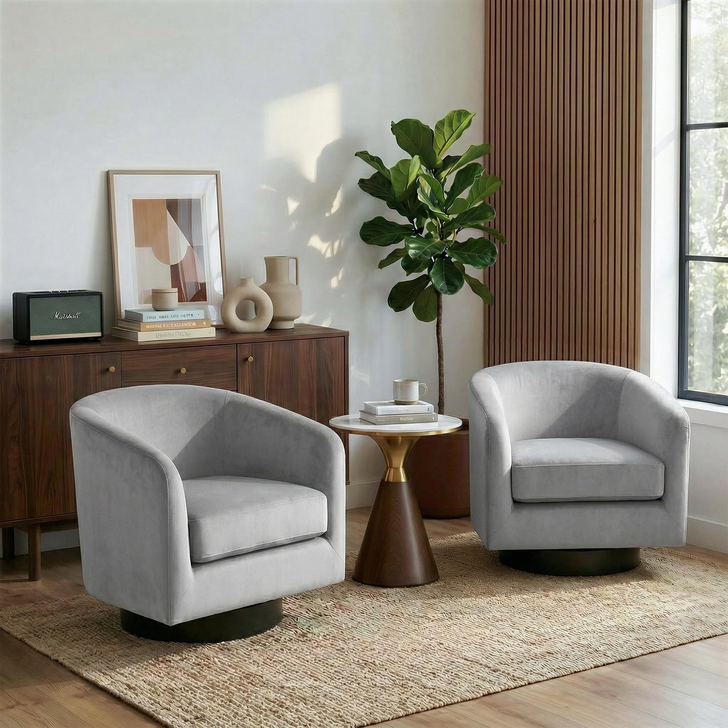 Swivel Barrel Chairs Set of 2, 31" W Modern Faux Leather Round Swivel Accent Chair for Living Room, 360° Rotation Upholstered Armchair Club Chair for Bedroom, Reading Room, Office (Brown)