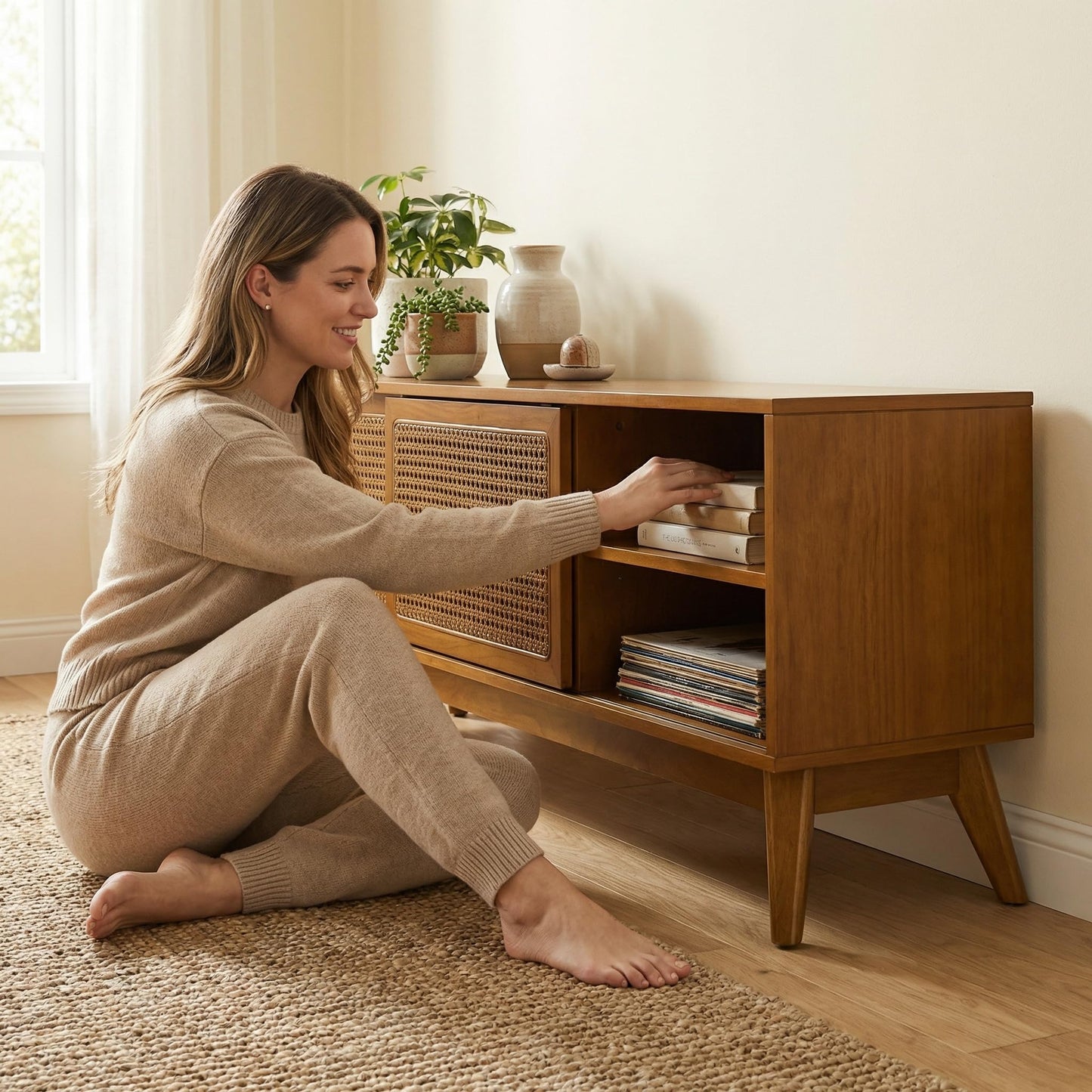 LKTART Mid Century Modern Rattan TV Stand for 65 Inch TV,59" Boho Media Console with Sliding Doors & Open Shelves,Solid Wood Legs for Living Room,Light Walnut