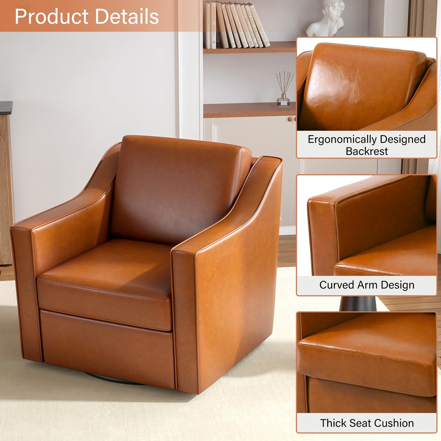 Swivel Accent Chairs Set of 2, 360° Swivel Upholstered Faux Leather Club Armchairs for Living Room, Comfy Single Sofa Reading Chair with Deep Seat, Metal Swivel Base, Coffee