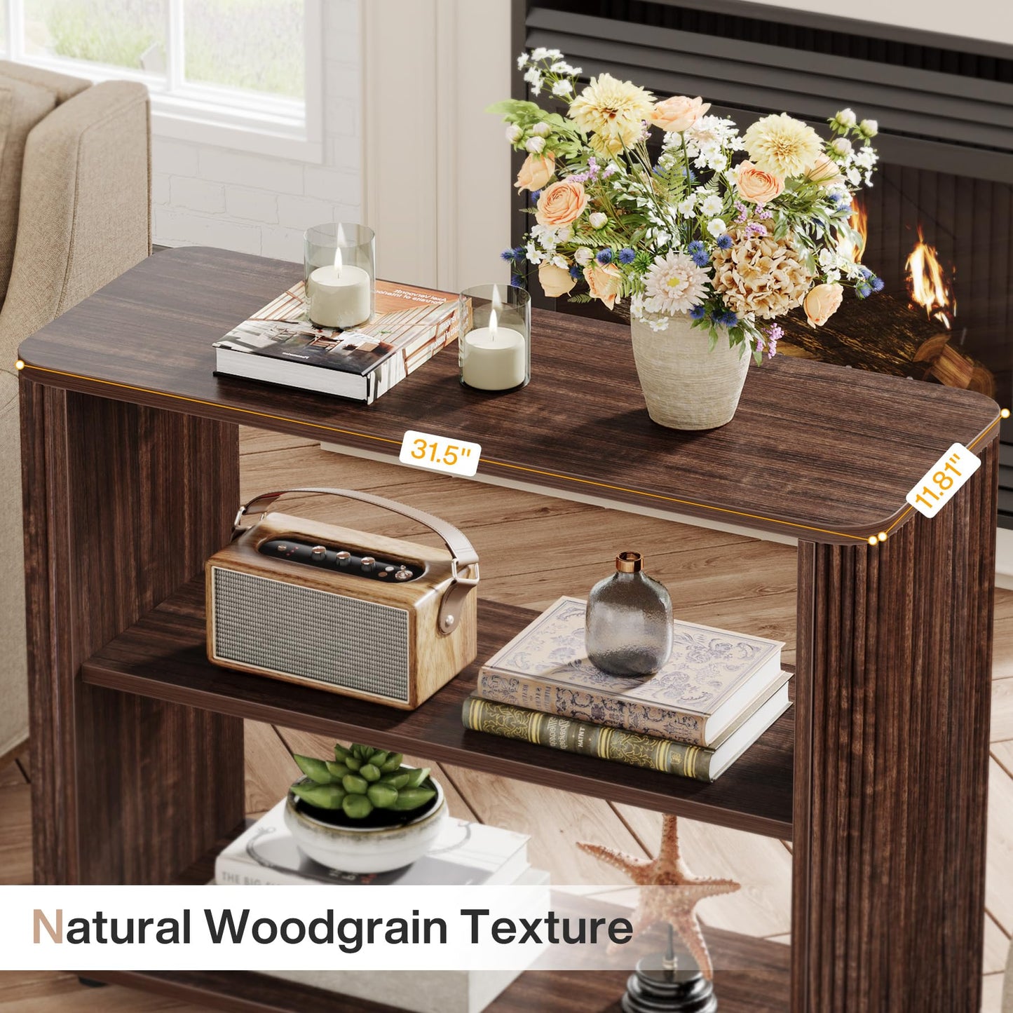 Tribesigns Narrow Side Table, 3-Tier End Table for Living Room, Small Fluted Nightstand with Storage Shelves, Farmhouse Bedside Table for Bedroom, Small Spaces, Sofa Couch, Dark Walnut