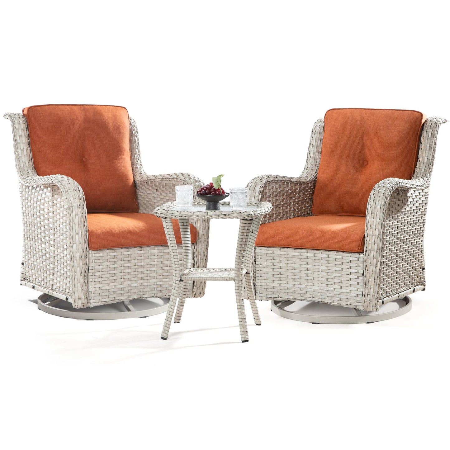 Joyside Outdoor Swivel Rocker Patio Chairs Set of 2 and Matching Side Table - 3 Piece Wicker Patio Bistro Set with Premium & Soft Fabric Cushions(Light Grey/Red)