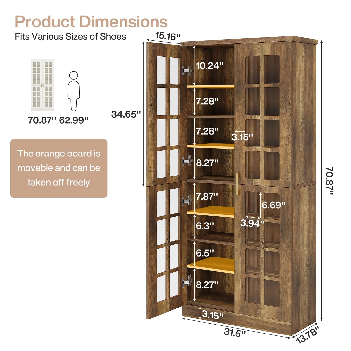 Tribesigns Tall Shoe Cabinet with Doors, 8-Tier Shoe Storage with Adjustable Shelves, Modern Shoe Organizer Shoe Rack Cabinet for Entryway, Hallway, Closet, Living Room, Rustic Brown