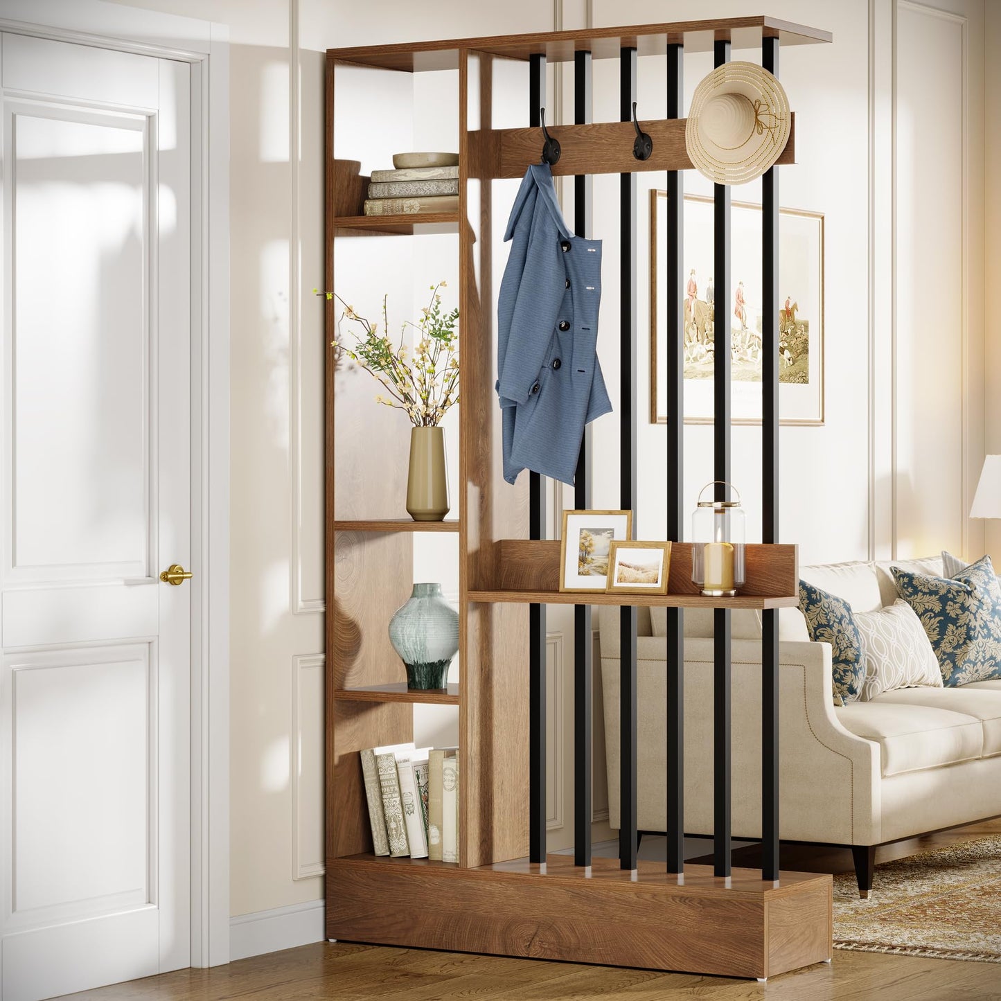 Tribesigns Wall Room Divider, Wood Freestanding Room Divider Bookcase with Shelves & Coat Hooks, 71" Modern Wall Partition for Home & Office Decorative, Brown